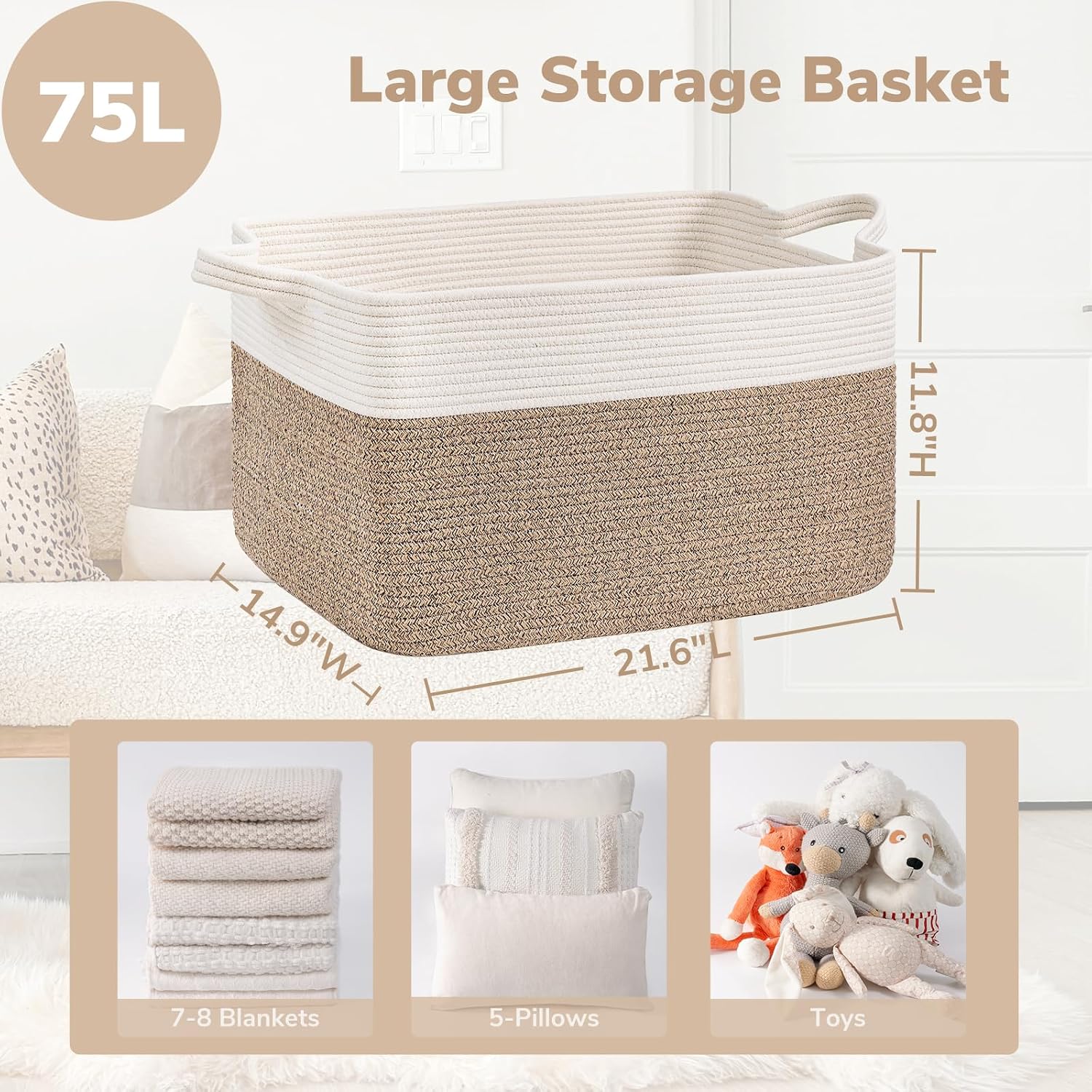 Thumbnail 2 de Goodpick rope21-Lsquare mixbrownGoodpick Woven Blanket Basket, 75L Cotton Rope