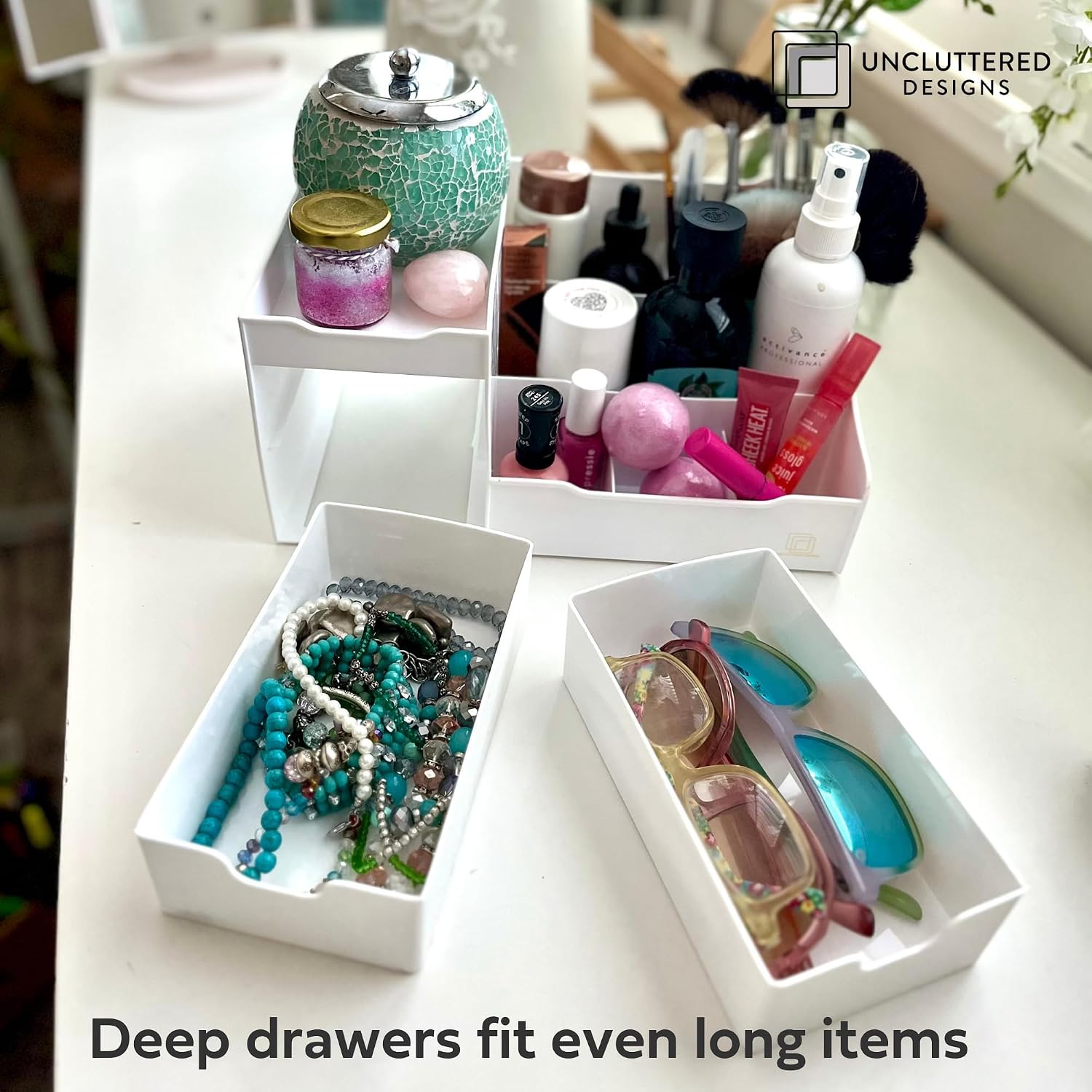 Thumbnail 3 de UNCLUTTERED DESIGNS Makeup Organizer With Drawers — Modern Countertop Storage for Cosmetics (White)