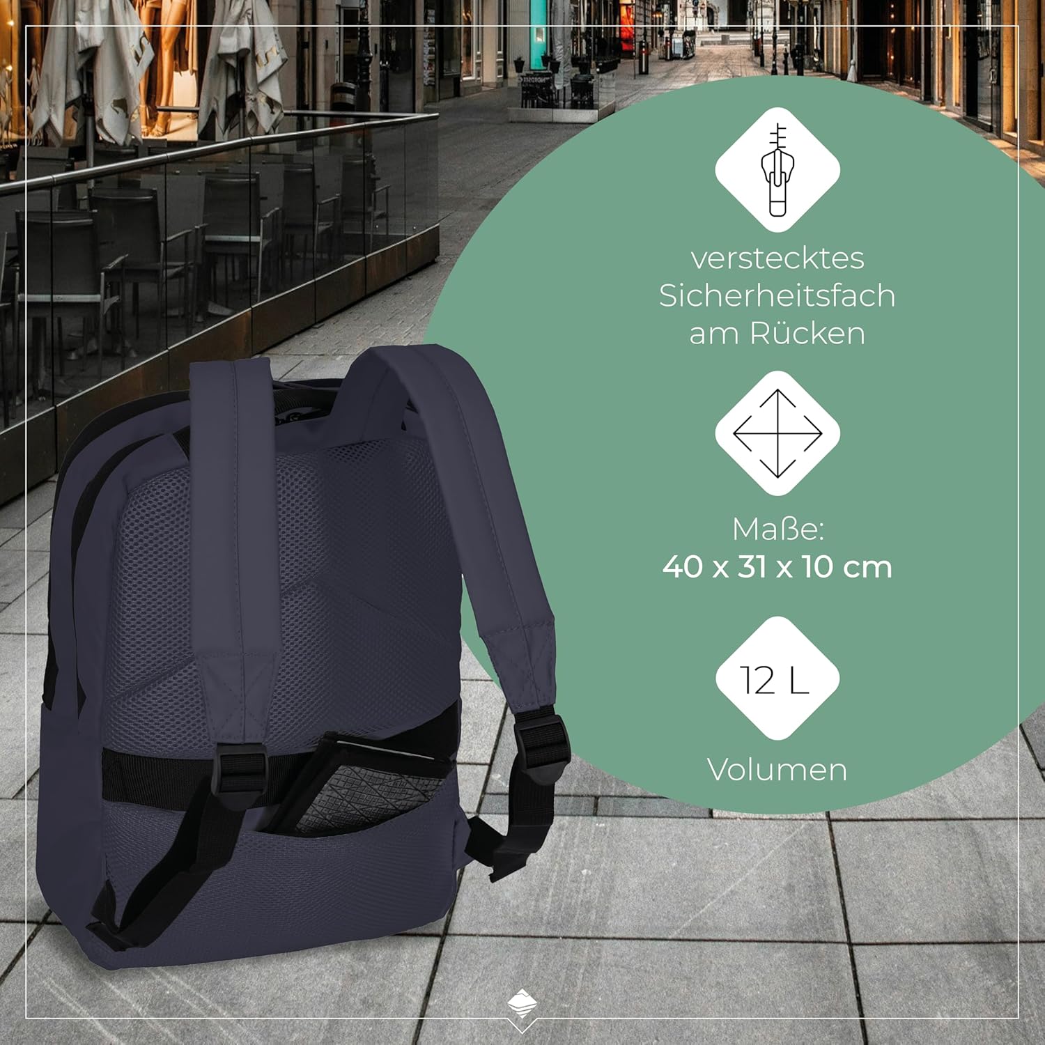 Detalle de Travelite Handgepäck Rucksack – 12 L, 40 cm, Laptopfach 13 Zoll, wasserabweisend mit Trolley Sleeve