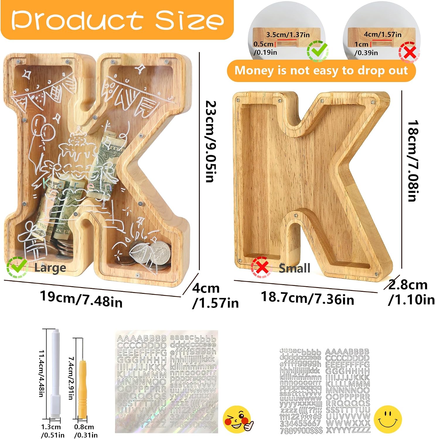 Thumbnail 1 de Mikytoper Letter Money Box for Kids – Large Wooden A-Z Piggy Bank with Clear Front
