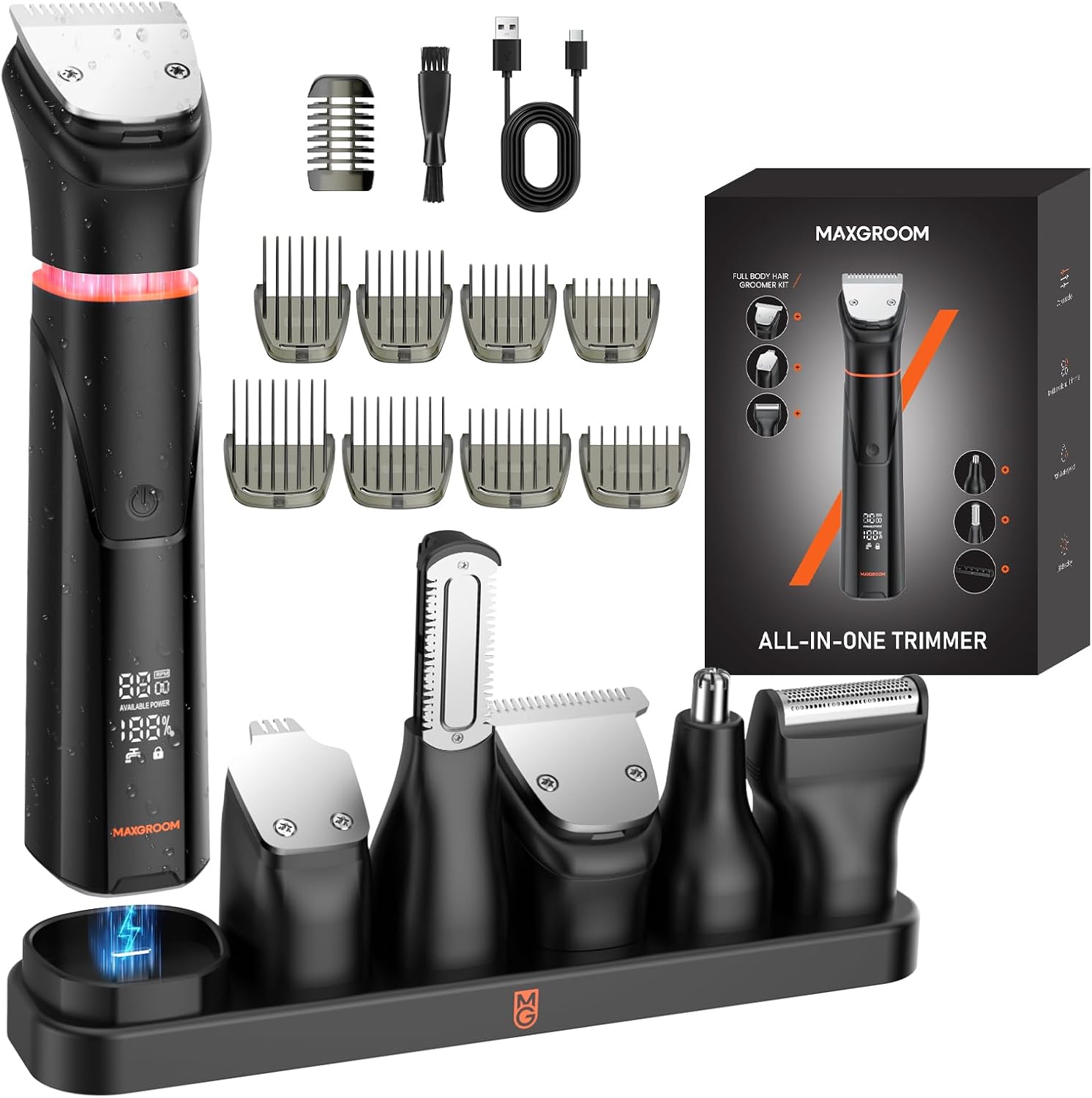 Detalle de MAXGROOM 6-in-1 Beard Trimmer for Men – Magnetic Heads, IPX6 Waterproof, USB-C