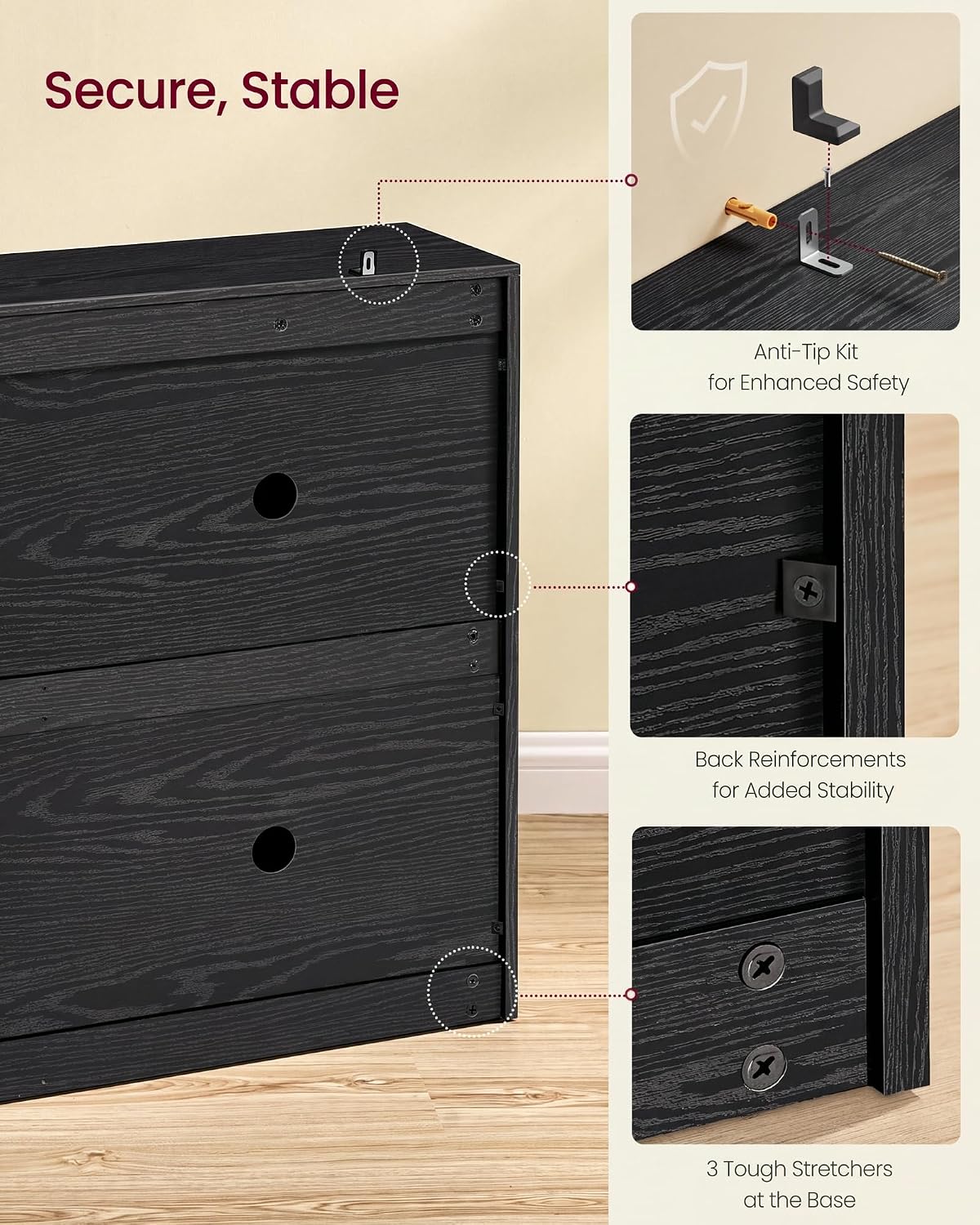 Thumbnail 6 de VASAGLE LBC035B01 shoe cabinet, 4 flaps, adjustable dividers, ebony black