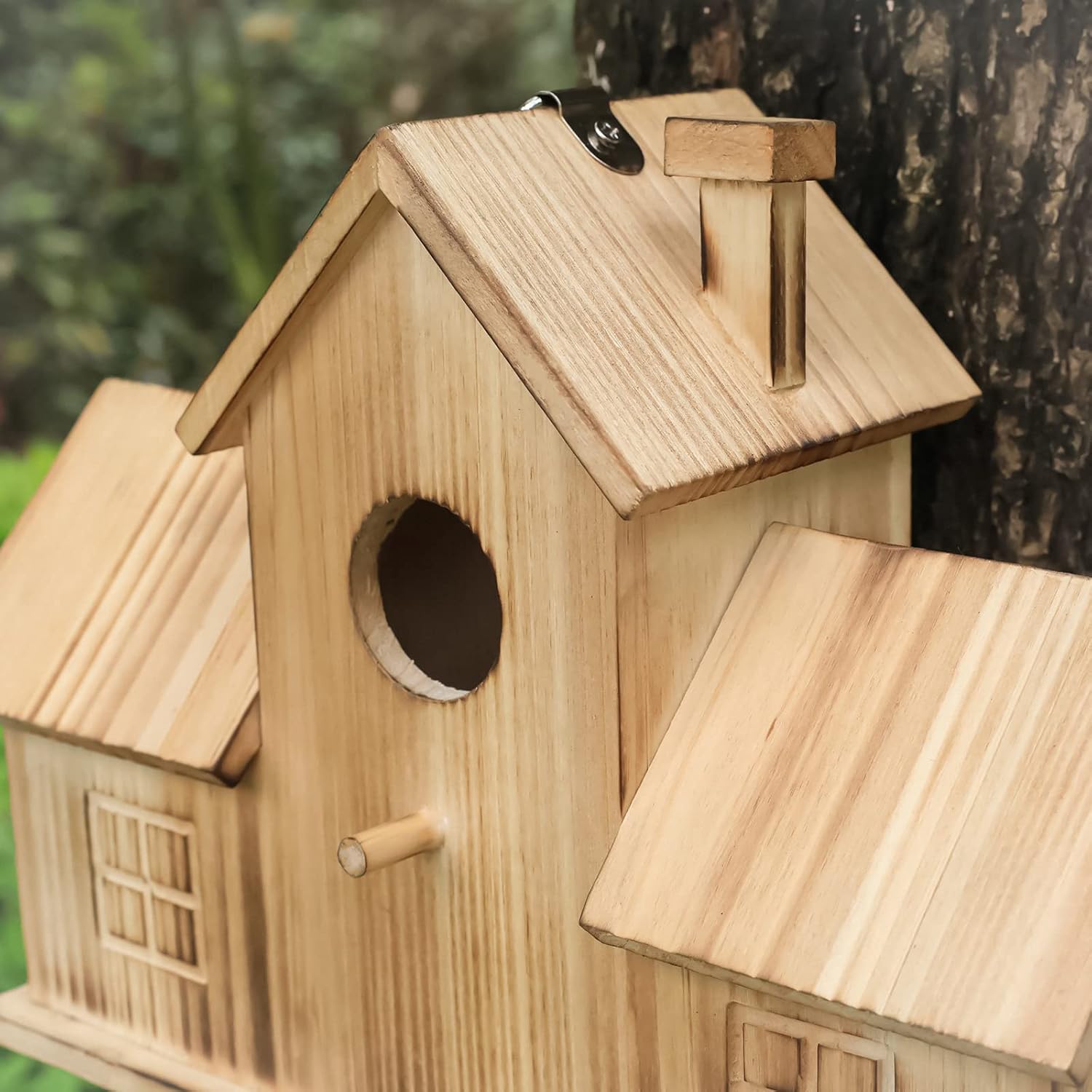 Thumbnail 4 de STARSWR Vogelhäuser draußen, 3 Löcher — hängbares Holzvogelhaus für Garten (30 x 11,9 x 22 cm)