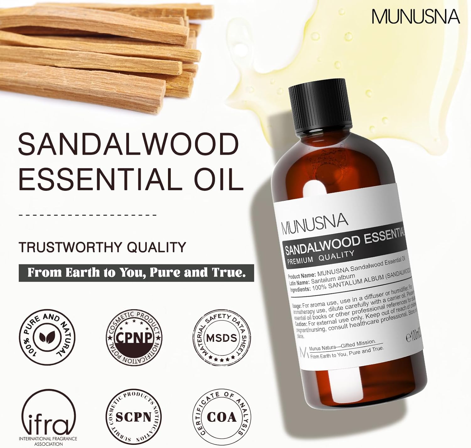 Thumbnail 6 de MUNUSNA 100% Natural Sandalwood Essential Oil (Sandalwood Oil) – 100ml for Aromatherapy, Skin & Home DIY