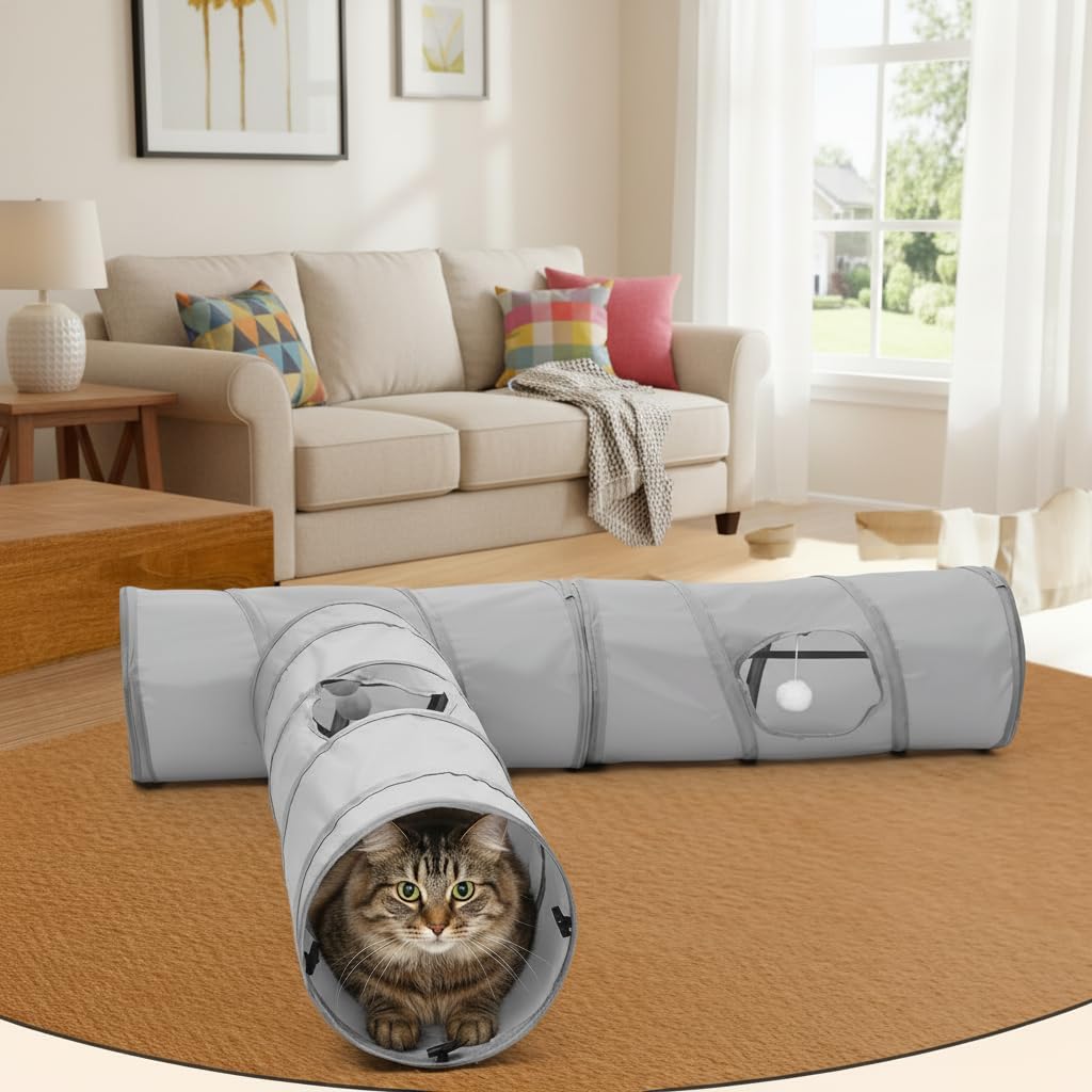 Thumbnail 6 de Odoland Large Cat Play Tunnels (3 Straight Tunnel DIY, Foldable, 90cm) – Grey