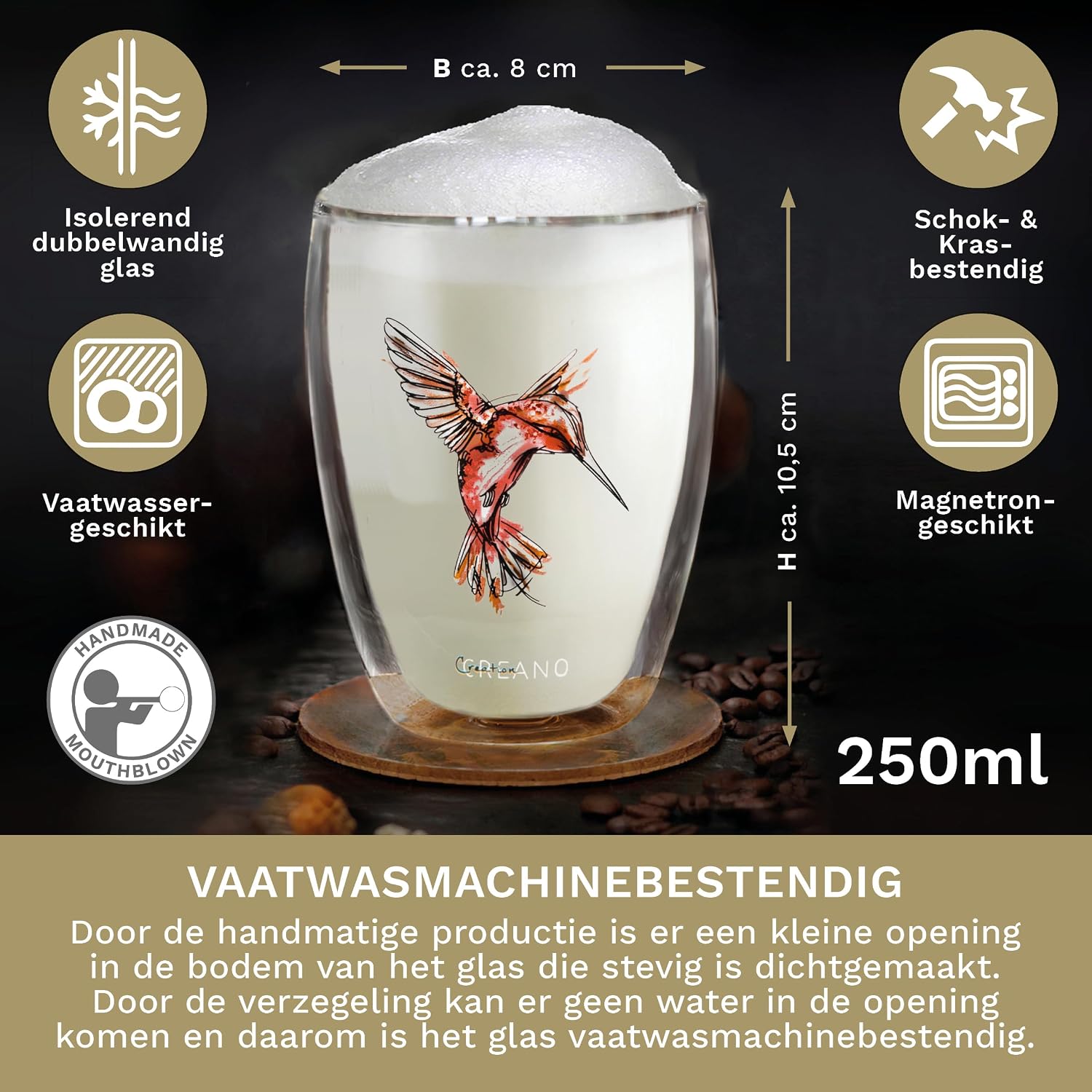 Detalle de Creano 165 dubbelwandig thermoglas 250 ml, rood borosilicaatglas met kolibrimotief