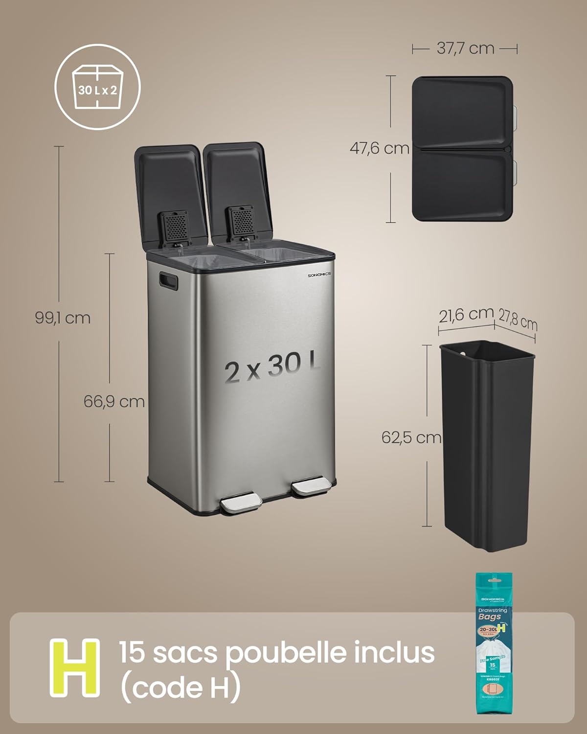 Thumbnail 6 de Songmics Poubelle de cuisine à pédale double compartiment 2 x 30 L (crème) LTB741AZ02