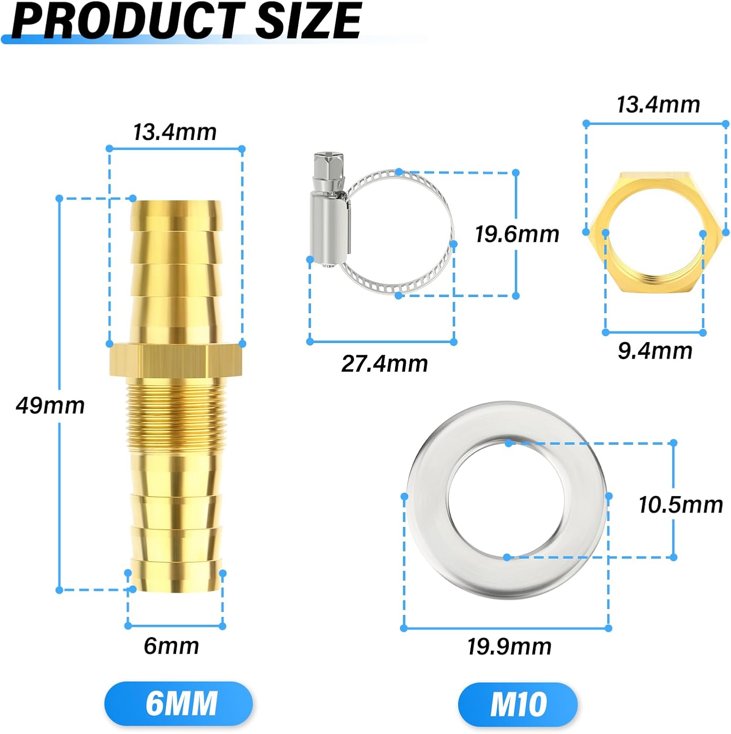 Detalle 2 de TAILONZ PNEUMATIC Brass 6mm Through-Bulk Bulkhead Hose Fitting – 5pc with 10 Clamps