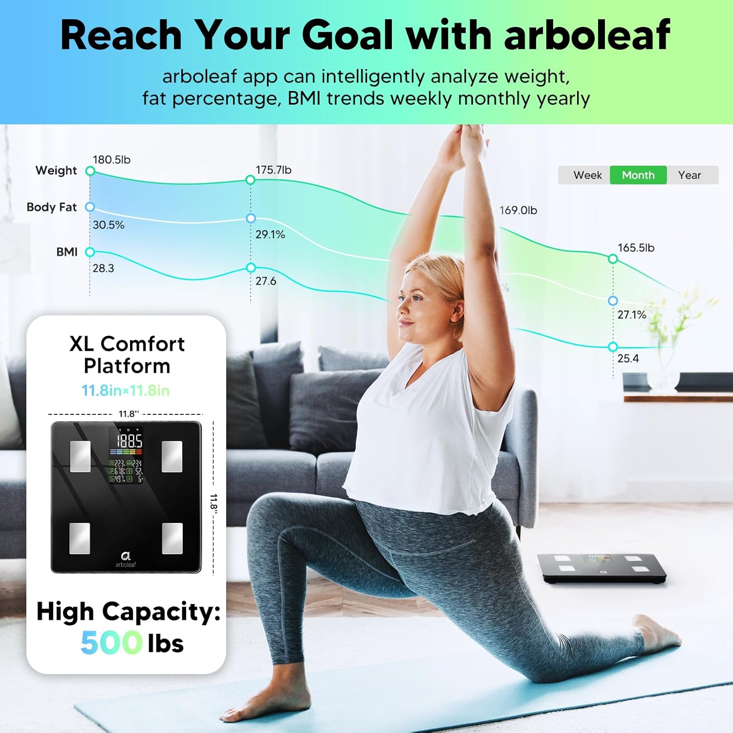 Thumbnail 3 de arboleaf Personenwaage: Digitale Körperfettwaage mit App-Anbindung, Großes LED-Display und präzisen Messwerten