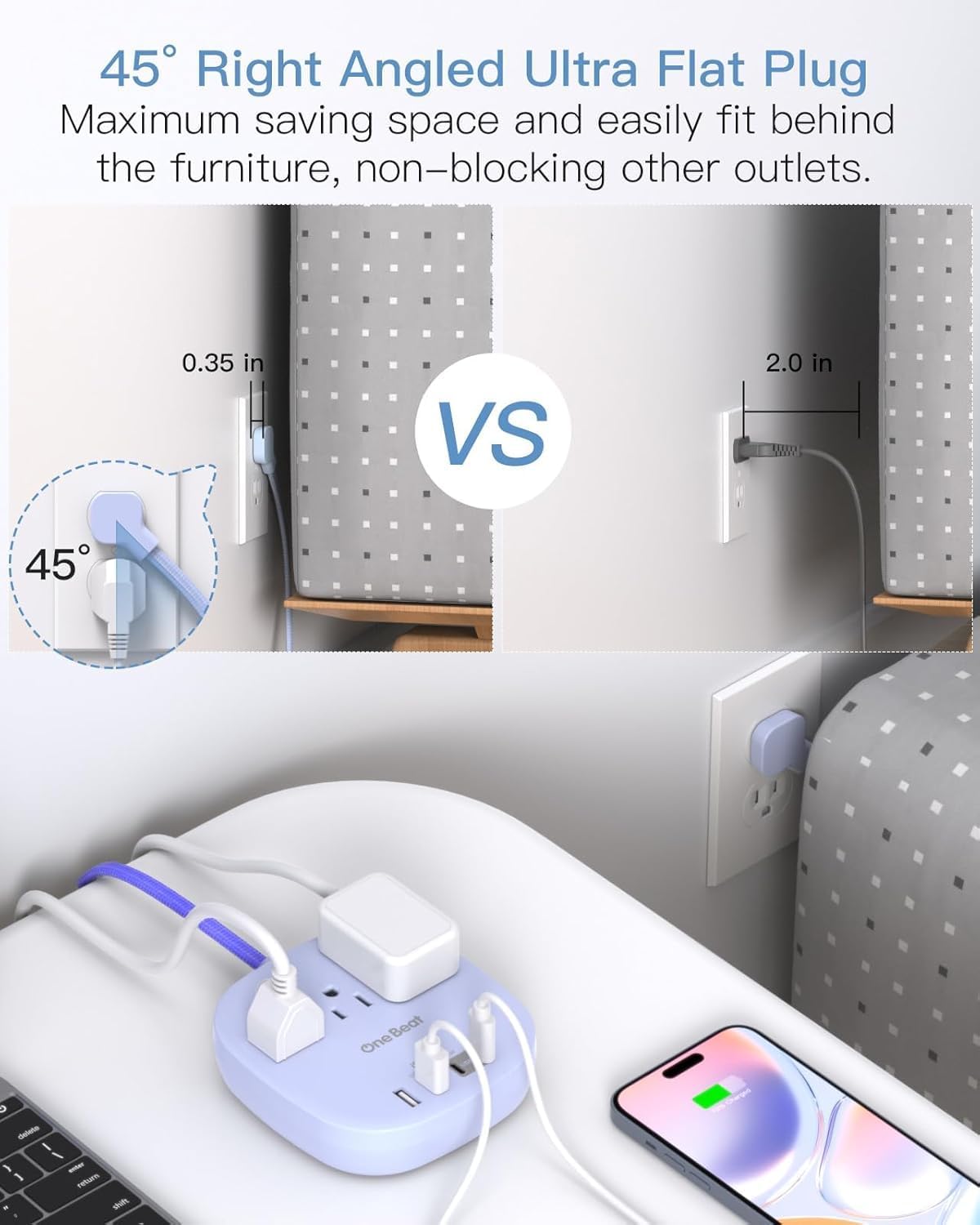 Detalle 2 de One Beat THUS03UC Power Bar, 6 ft Cord, Flat Plug, 3 Outlets and 4 USB Ports