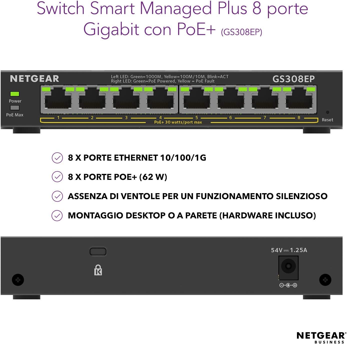 Thumbnail 1 de NETGEAR Switch Ethernet 8 porte PoE+ Gigabit Plus GS308EP con montaggio a parete o scrivania