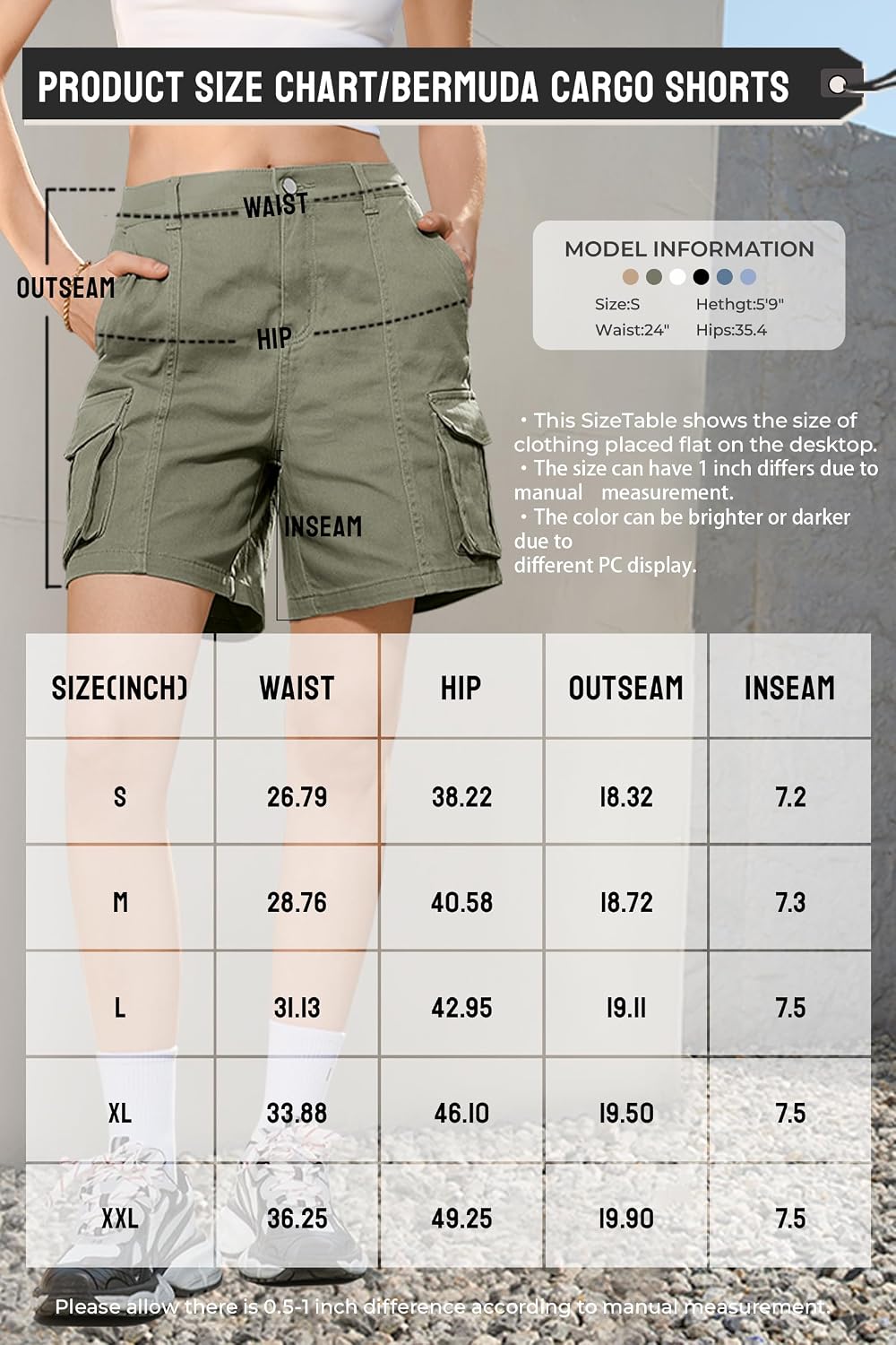 Detalle de IVIR Bermuda Cargo Shorts for Women — Knee-Length, 6 Pockets, Elastic Waist
