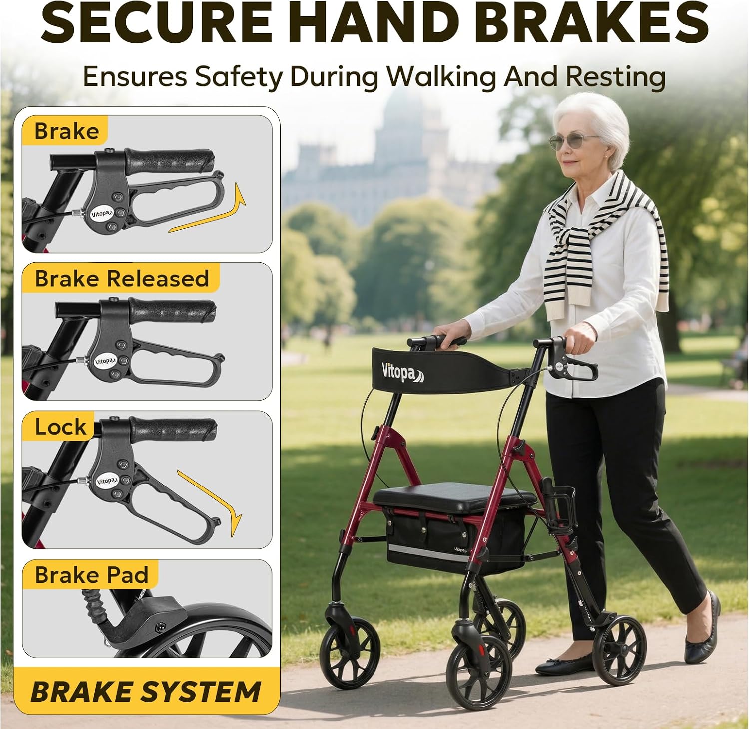 Thumbnail 6 de Vitopa W20S-BR Rollator Walker with Seat, Adjustable Fit, 8-Inch Wheels