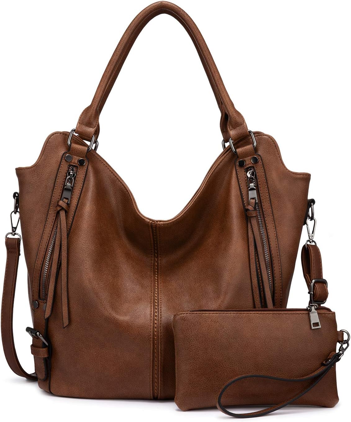 Realer Sac à main femme en cuir PU avec bandoulière amovible + pochette assortie, marron