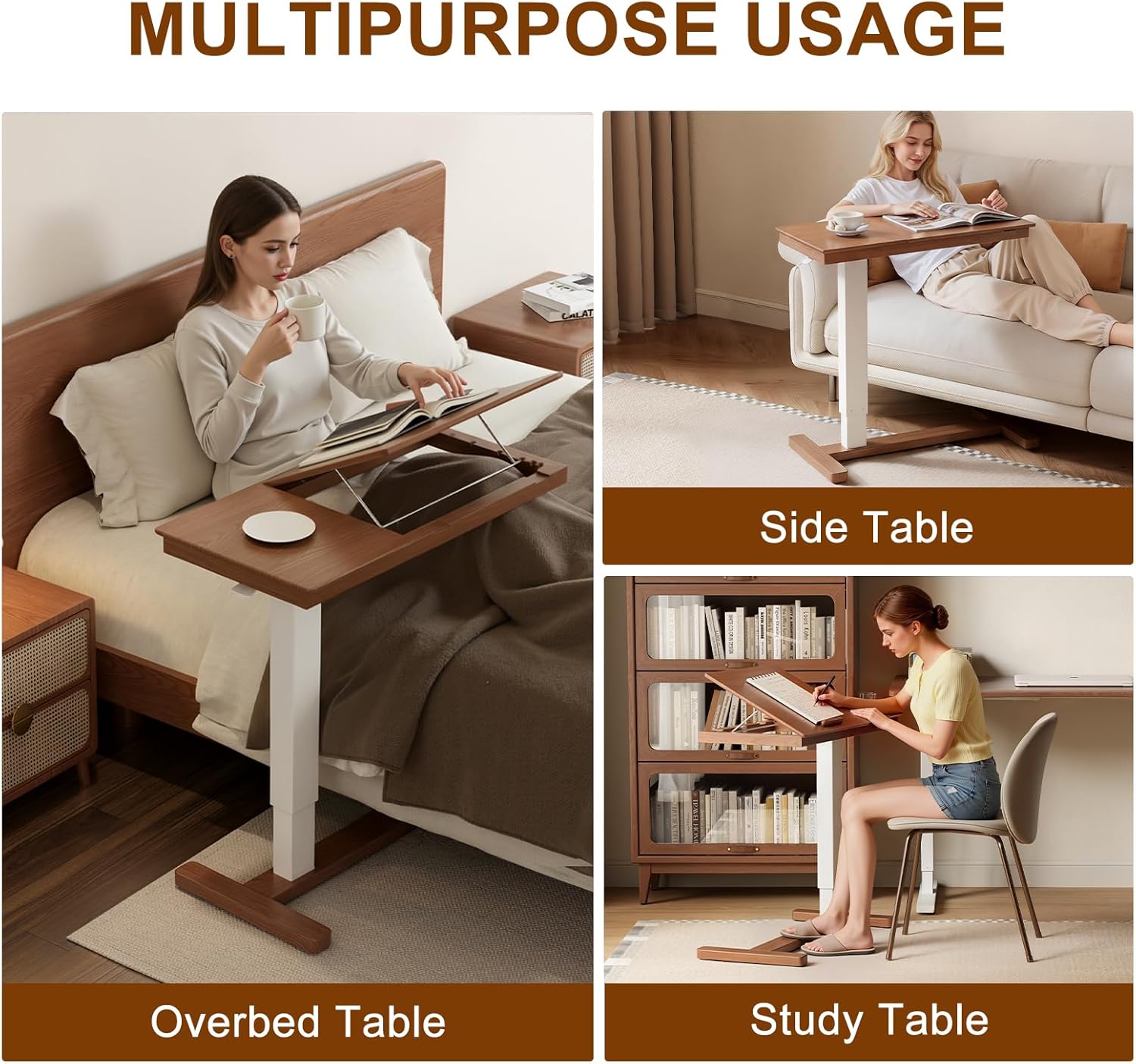 Detalle de Muwuele Solid Wood Overbed Table with Wheels