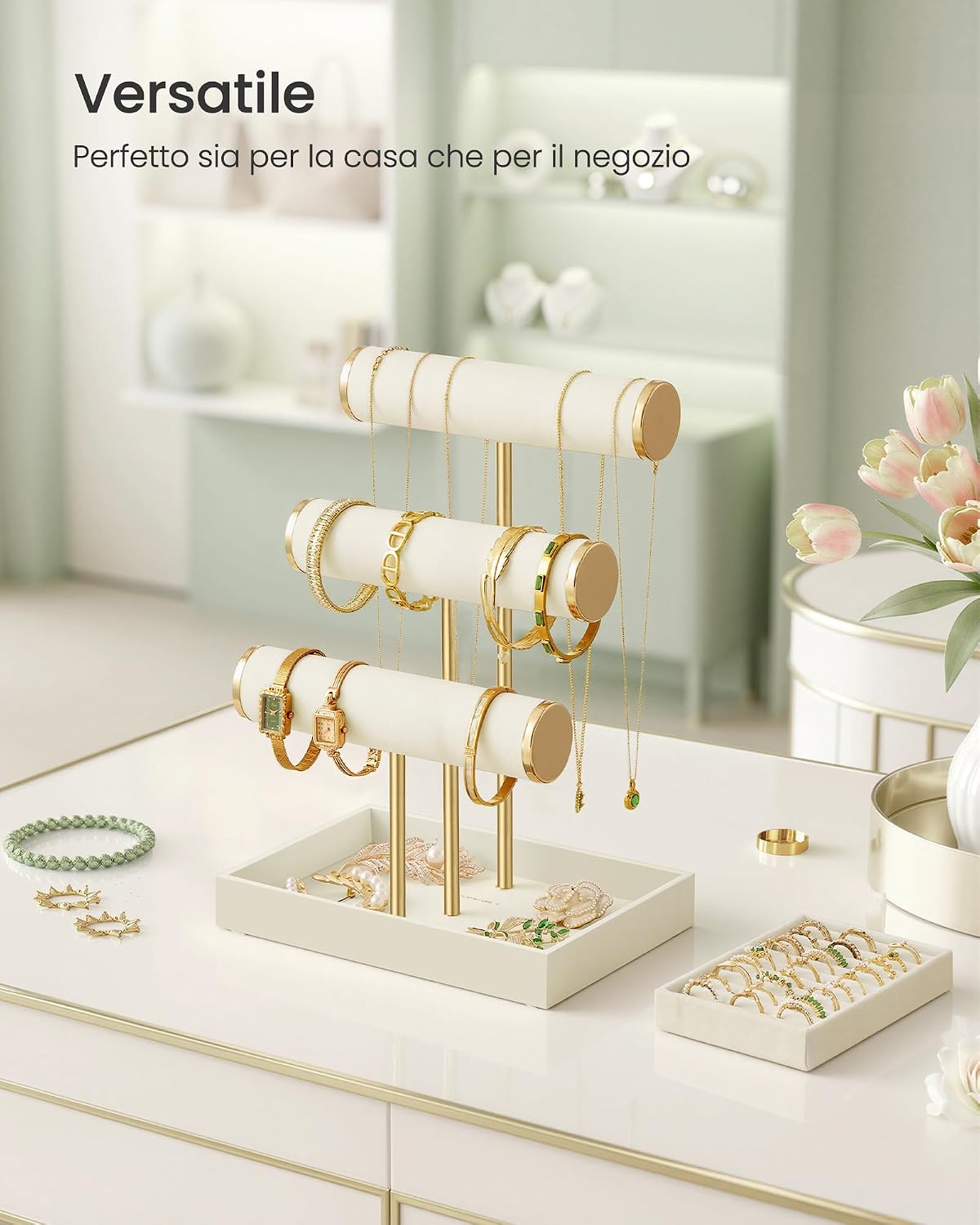 Thumbnail 5 de SONGMICS Porta Bracciali JJS027W101: portagioie bianco crema e oro pallido con 5 elementi espositivi