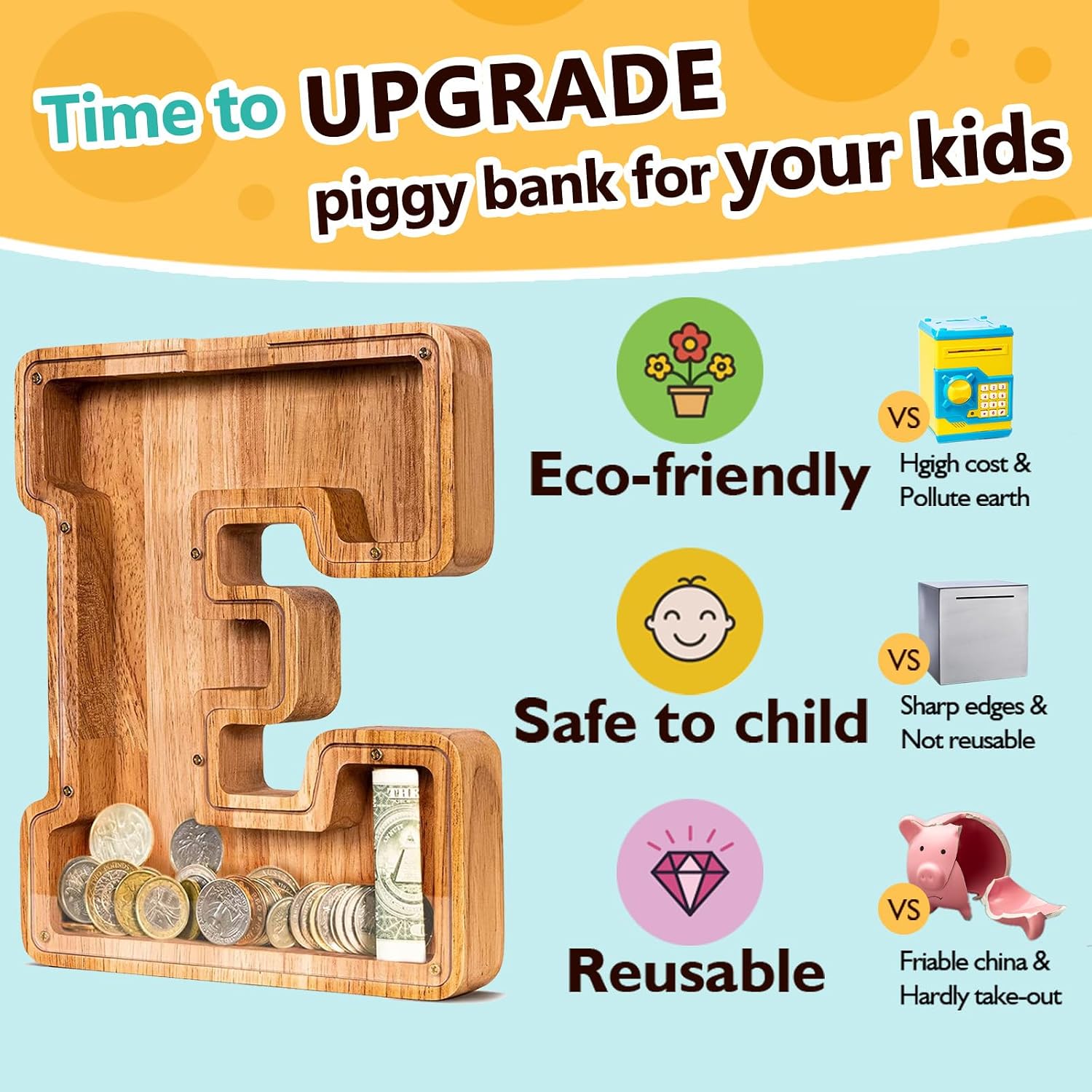 Thumbnail 4 de SummiDate Wooden Letter Piggy Bank for Kids