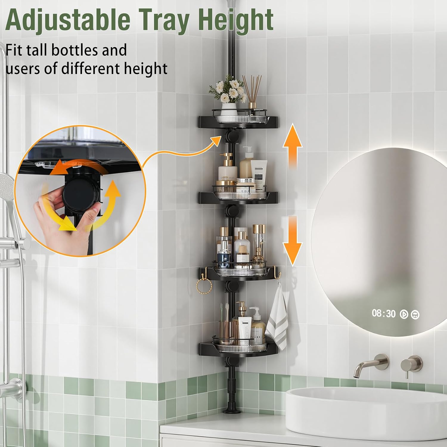 Thumbnail 3 de shuang qing 360° Rotating Corner Shower Caddy Tension Pole Organizer (4-Tier Adjustable, Black)