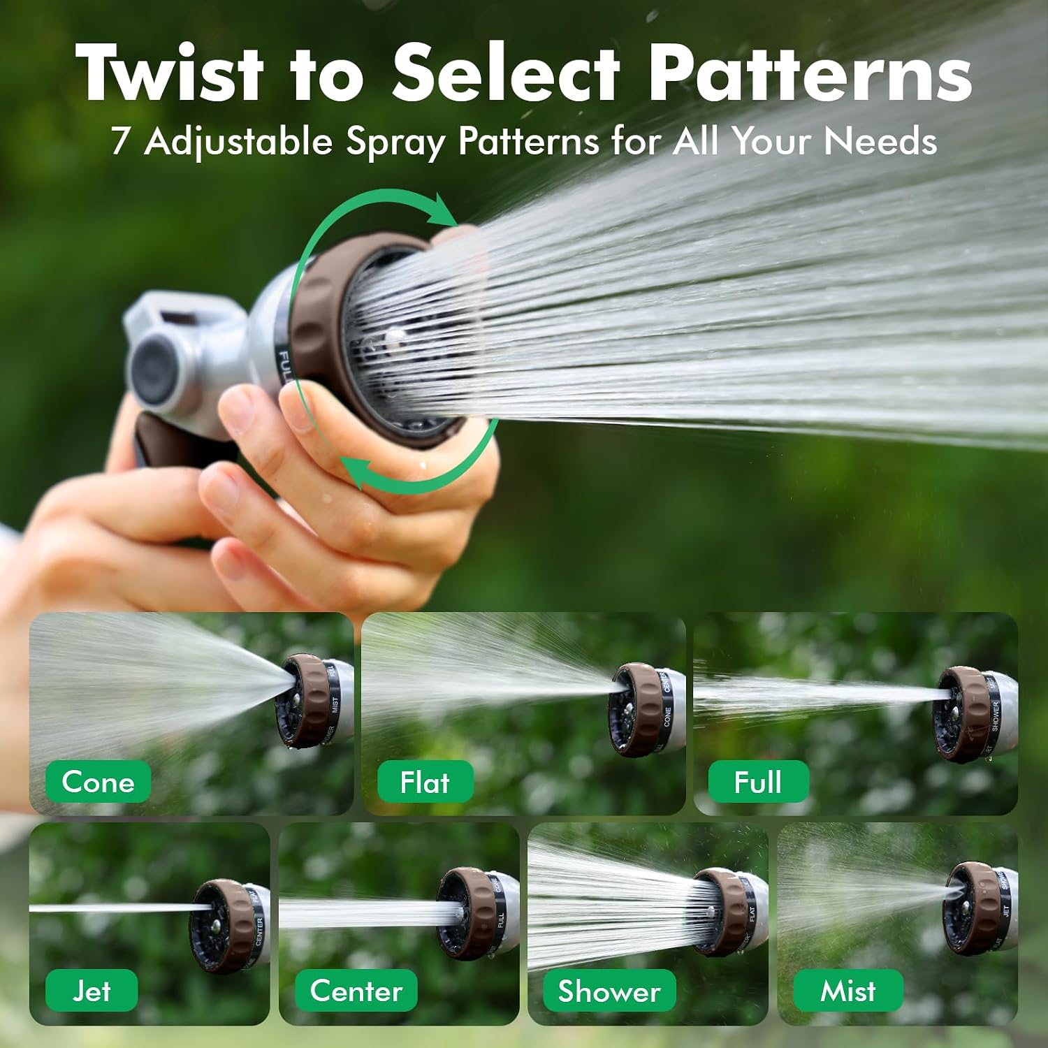 Detalle de RESTMO O-HN-2T-BN Metal Garden Hose Nozzle, 7 Spray Patterns, Thumb Control