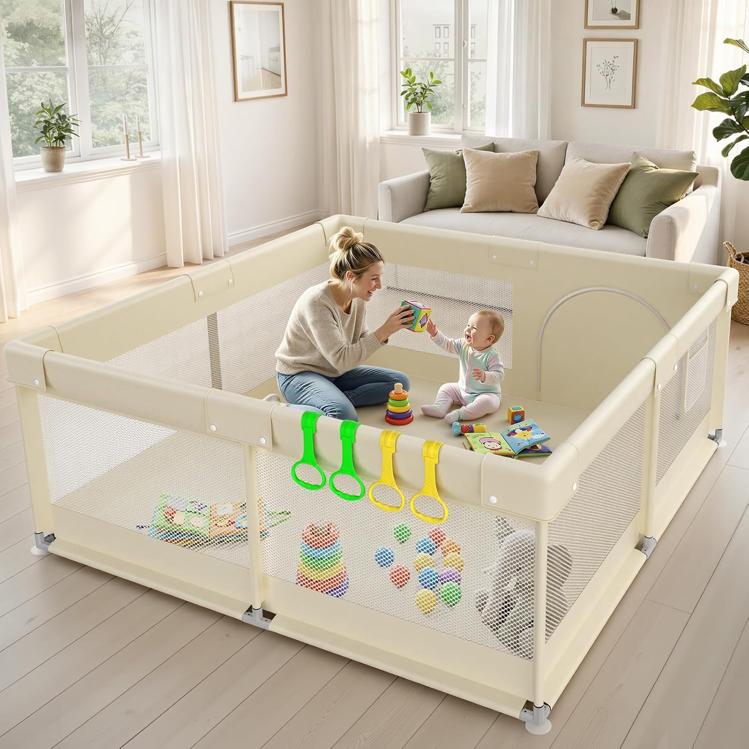 Detalle de ZEEBABA 59 x 59 in Baby Playpen, Beige, Tool-Free Assembly