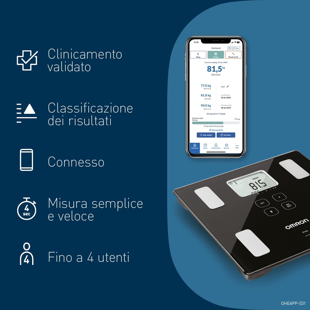 Thumbnail 6 de OMRON VIVA bilancia pesapersone digitale con analisi di grasso viscerale e sincronizzazione Bluetooth