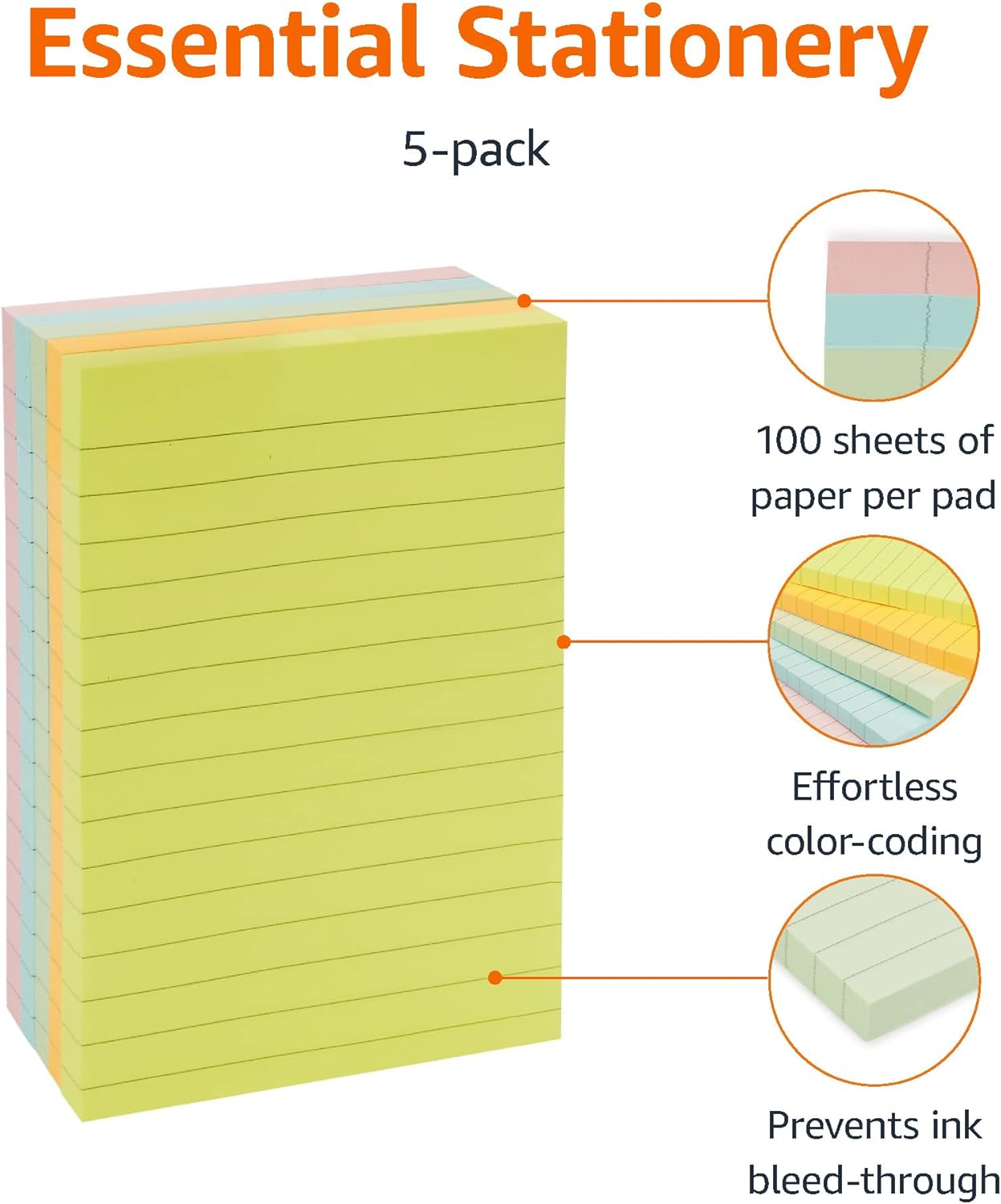 Detalle de Amazon Basics Lined Square Sticky Notes, 10.16 x 15 cm, Assorted Colours, Pack of 5