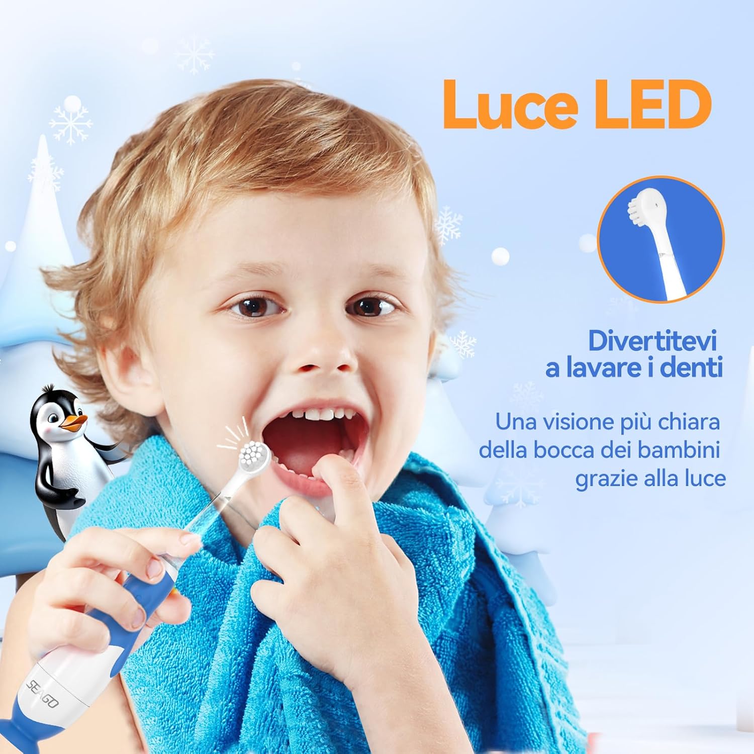 Thumbnail 6 de Seago Spazzolino elettrico per bambini con design a pinguino, luce LED, timer 2 minuti e testina morbida (con spazzolino di ricambio) – IPX7