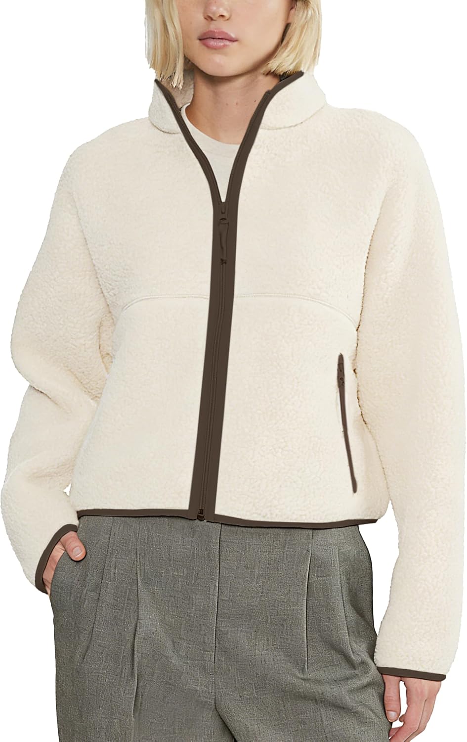 Detalle de Yozazzy Women's Brown Sherpa Fleece Jacket, Full-Zip with Stand Collar and Pockets