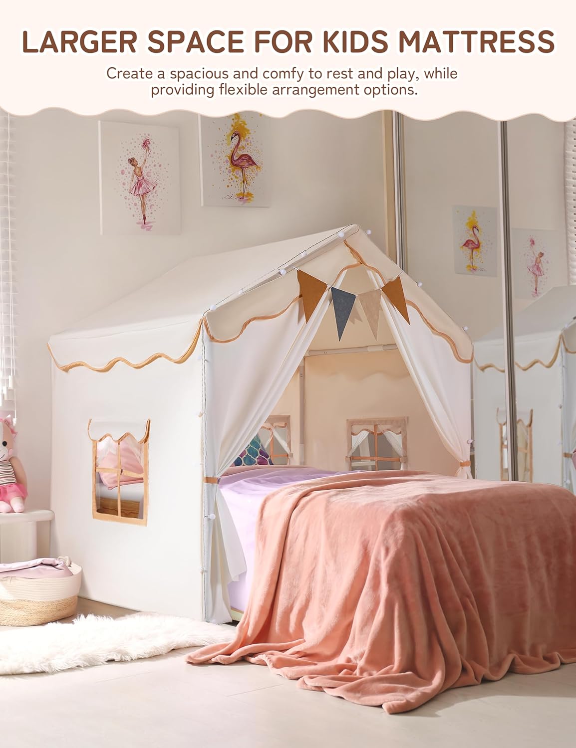 Detalle de besrey 2-in-1 Kids Play House Tent with Lights and Pad – Indoor/Outdoor Castle for 3–4, Beige