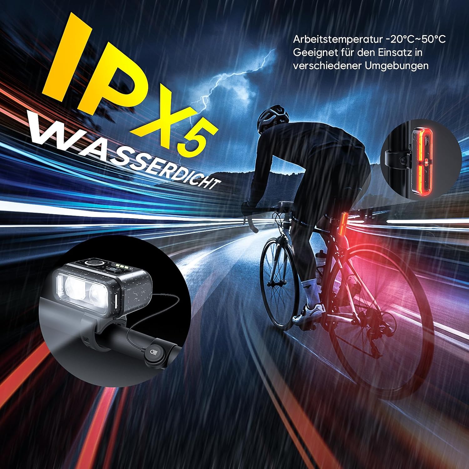 Detalle de Fahrradlicht Set 100 LUX mit Bremsfernlichtfunktion – STVZO-zugelassen, IPX5, 3200 mAh Akku
