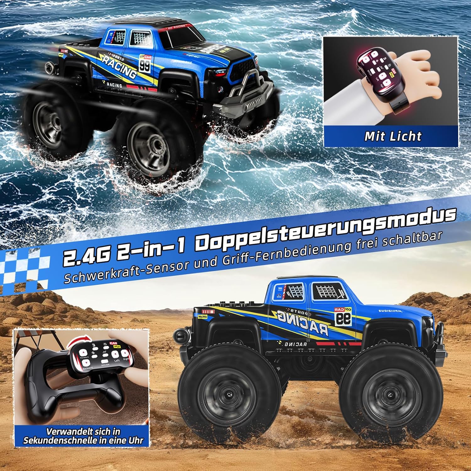 Detalle de Charmofun Amphibisches Fernsteuerauto 1:16 – 4WD, wasserdicht, Gestensensor und LED-Beleuchtung