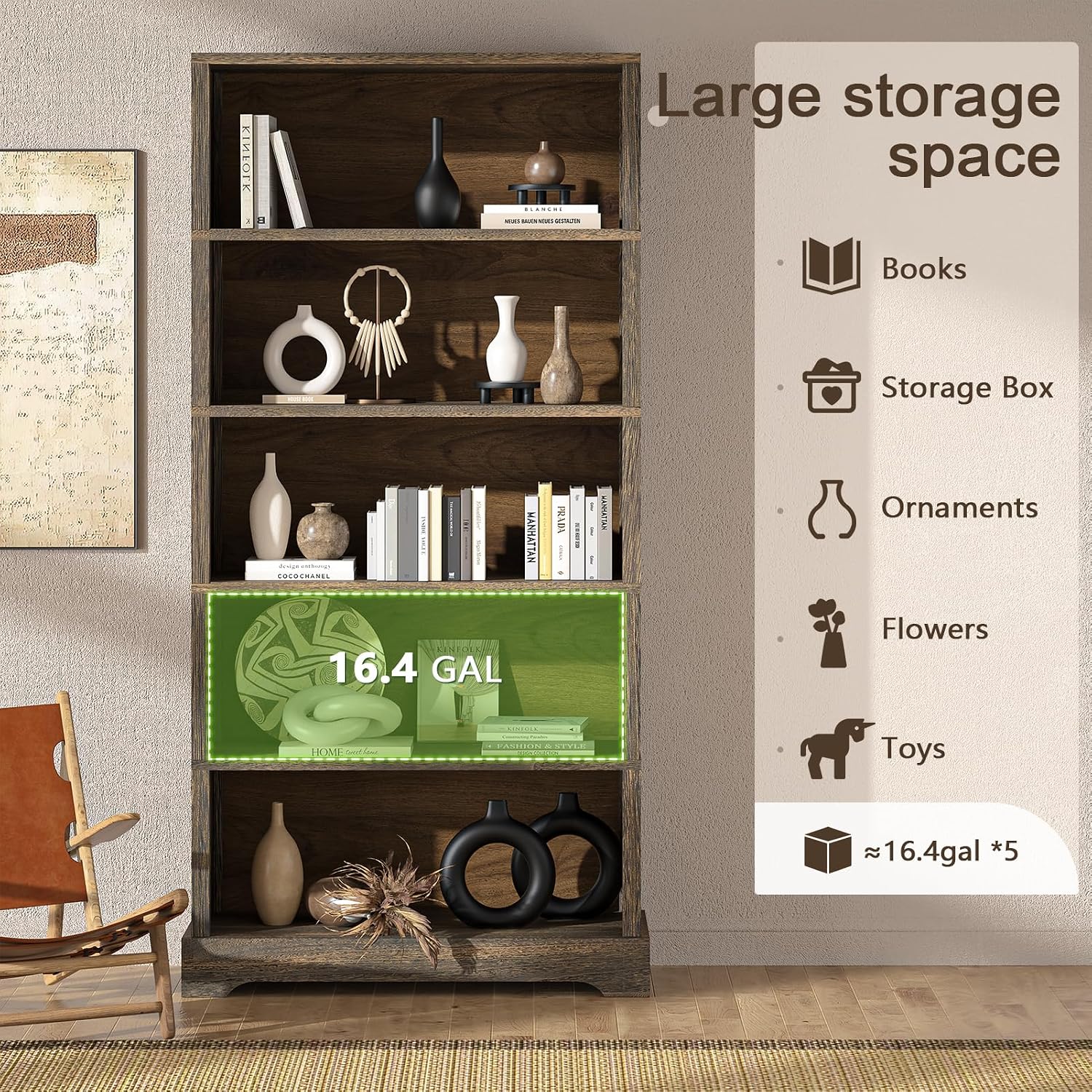 Detalle de TVU 5-Tier Solid Wood Book Shelf (Walnut) — Floor-Standing 65" Farmhouse Bookcase