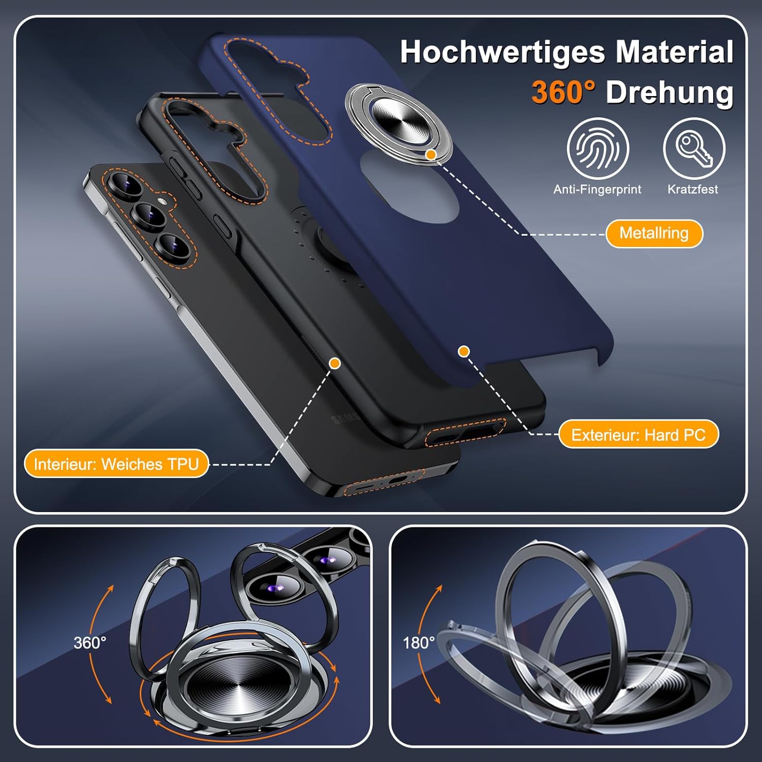 Thumbnail 6 de Vaki Handyhülle für Samsung Galaxy A15 5G (Blau) mit 360° Magnet-Ringständer und Displayschutzfolie