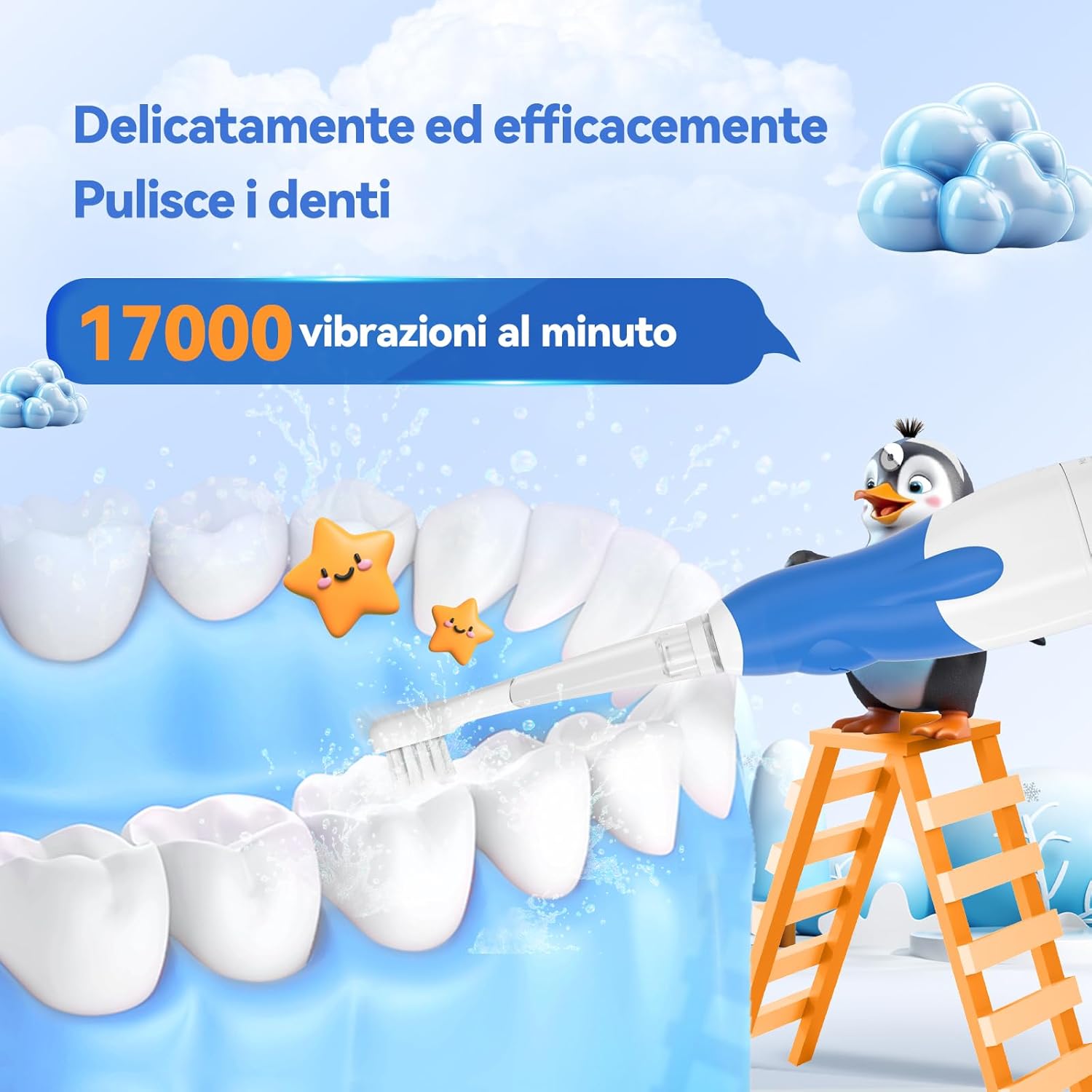 Detalle de Seago Spazzolino elettrico per bambini con design a pinguino, luce LED, timer 2 minuti e testina morbida (con spazzolino di ricambio) – IPX7
