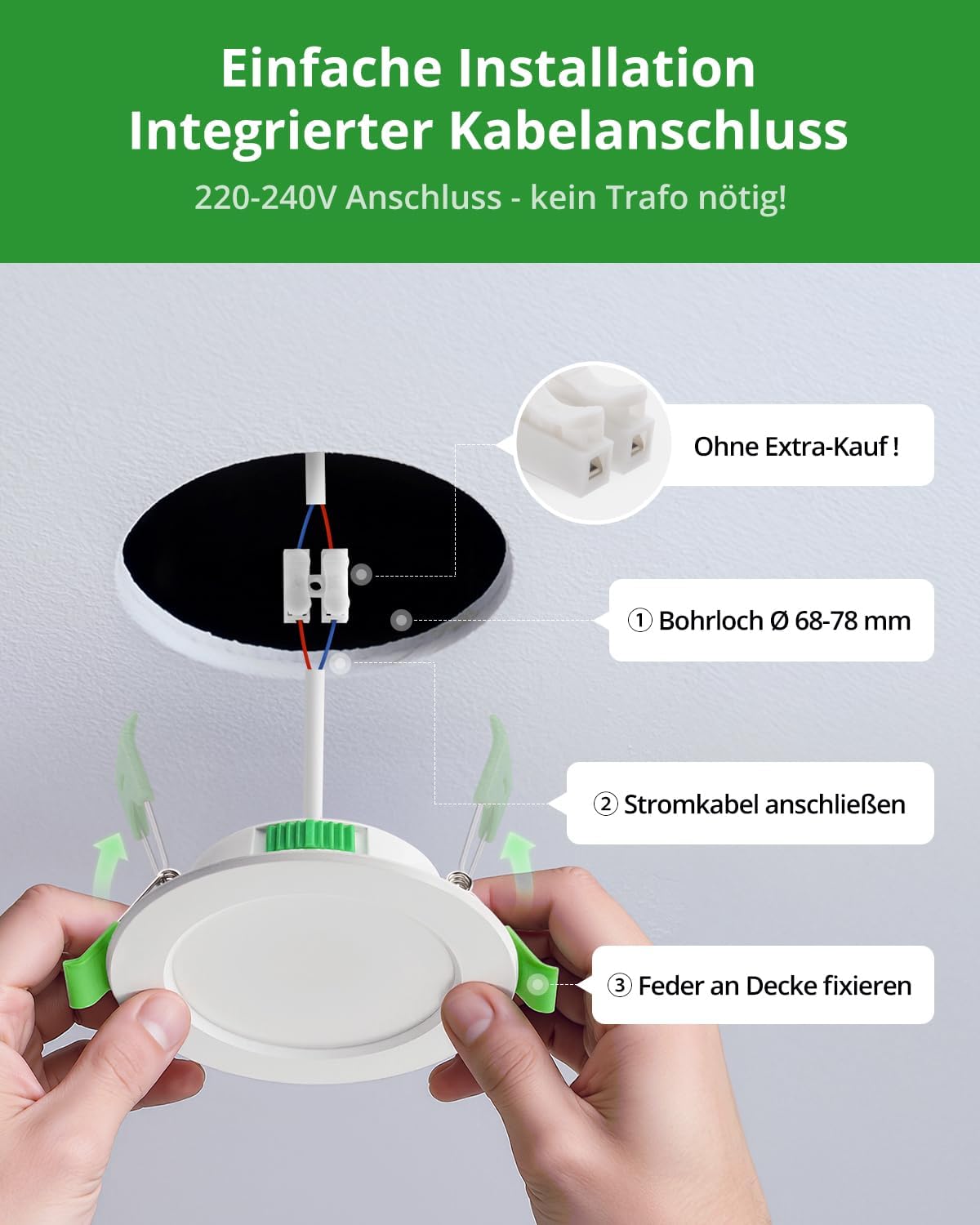 Thumbnail 5 de HOMEOW LED Einbaustrahler 230V 5W, 400LM – 10er Set, ultra flach 24mm, IP44, 68–80 mm Lochmaß, 2700K/4000K/6000K