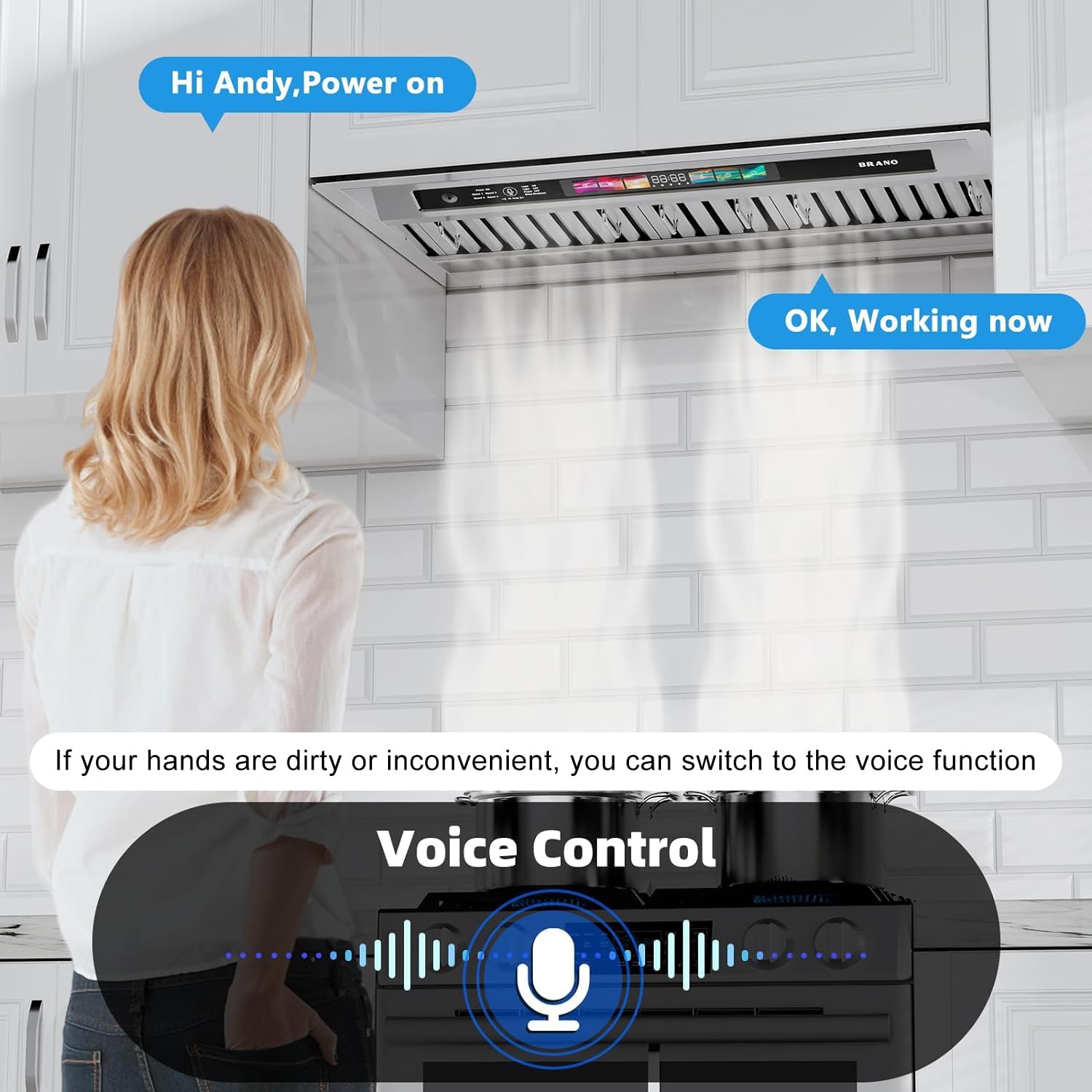Detalle 2 de BRANO BU09B-V36 36-Inch Range Hood Insert, 900 CFM, Voice and Gesture Control