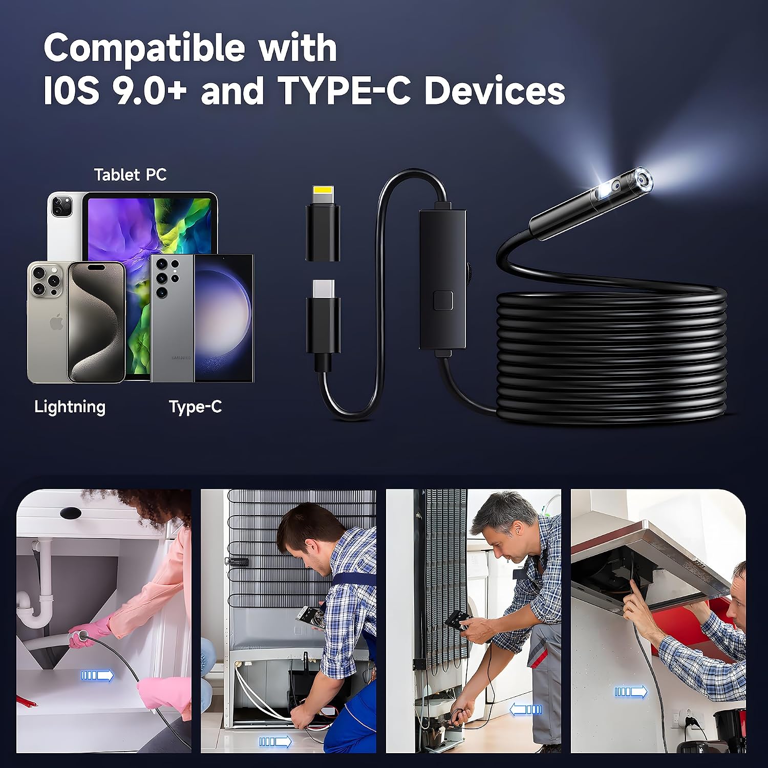 Detalle de Elecshion Dual-Lens Endoscope Camera, 1920P, 16.5FT Semi-Rigid Cable