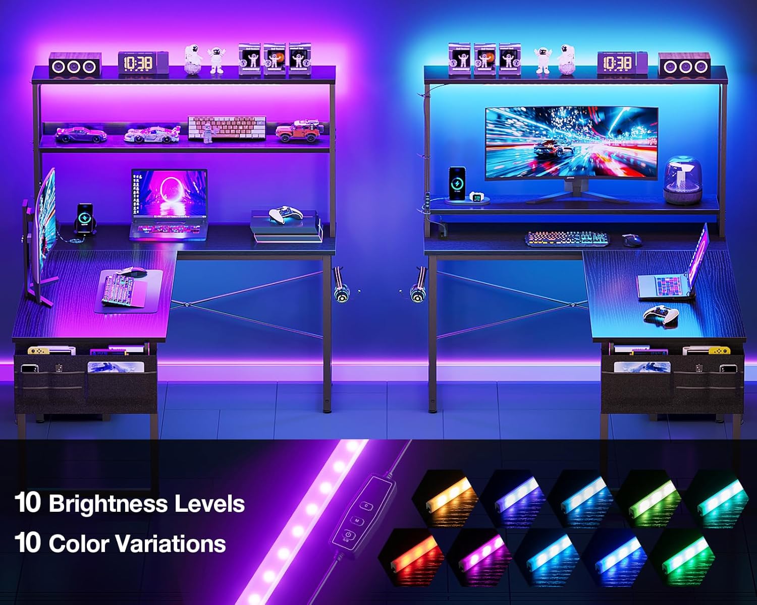 Detalle 2 de Coleshome Reversible L-Shaped Gaming Desk with LED Lights, Power Outlets & Shelves (110 × 80 cm) – Black