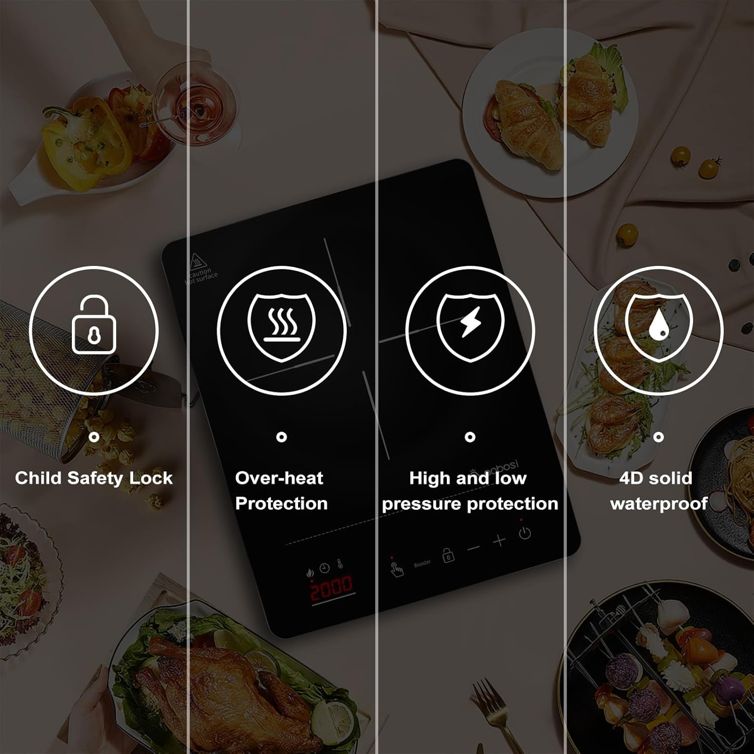 Thumbnail 6 de AAOBOSI Induktionskochplatte 1 Platte (2000 W) mit Booster, LED-Display und 10 Leistungs-/Temperaturstufen