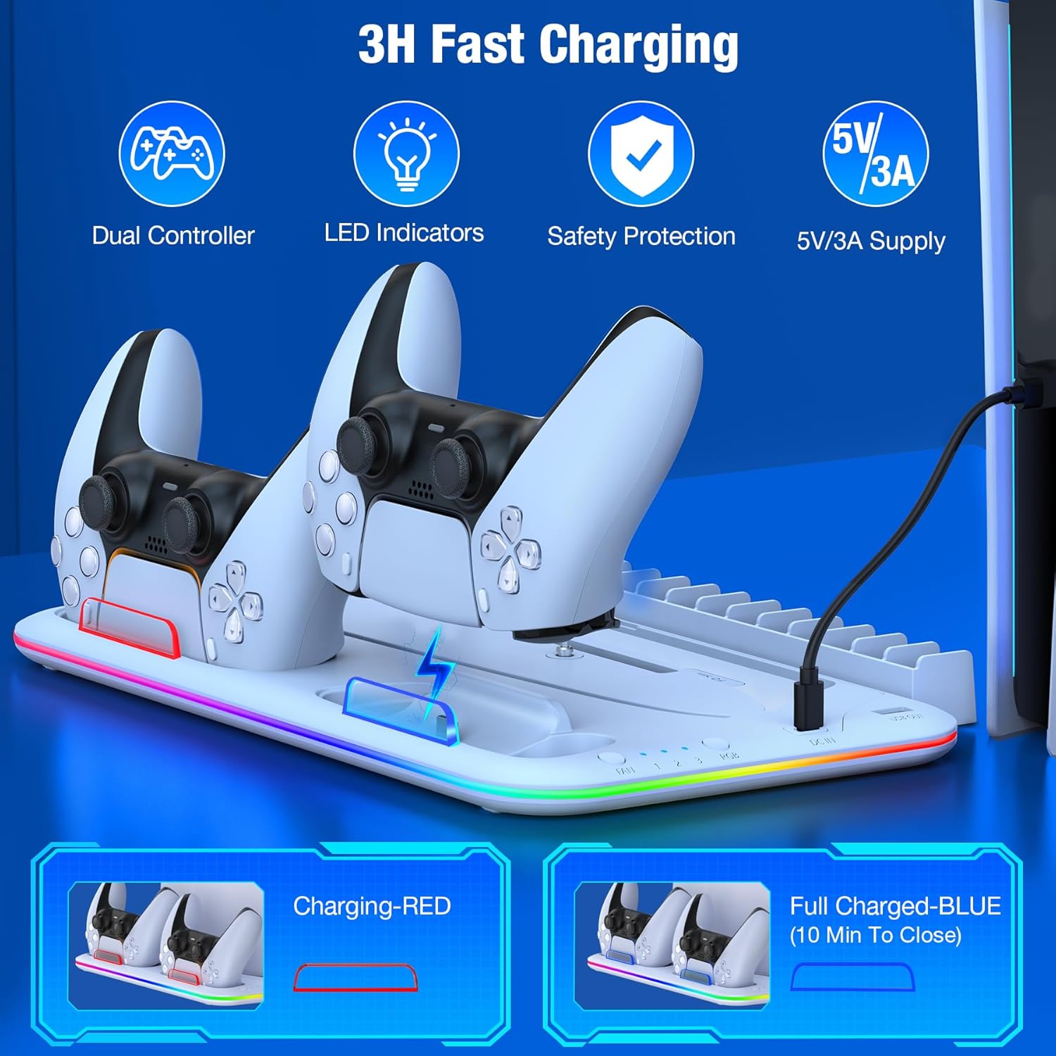 Detalle de PS5 Cooling Station with Dual Controller Charger and RGB — a practical all-in-one accessory