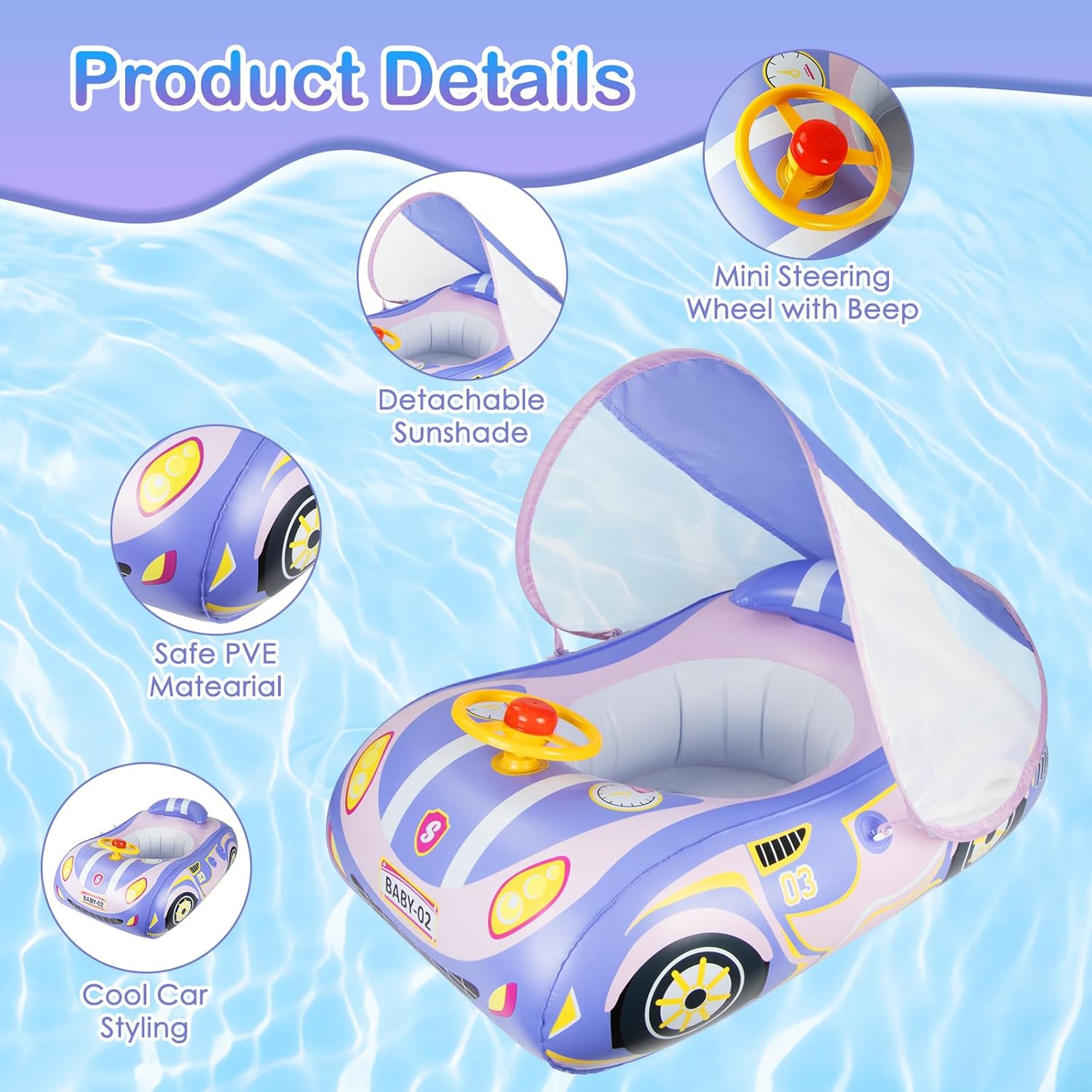 Thumbnail 4 de Olycism Bouée Bébé avec Pare Soleil UPF50+ et Volant – 1 à 4 Ans, Violet