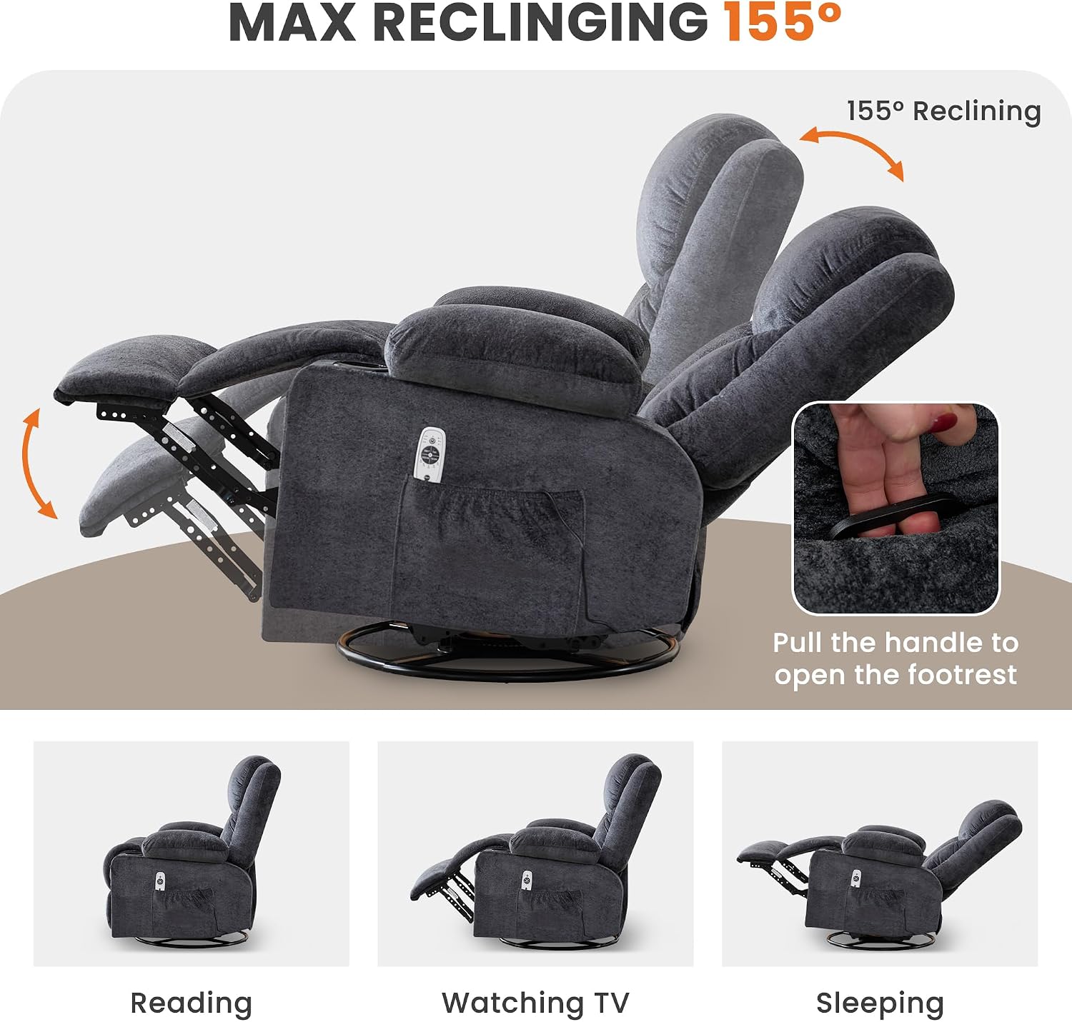 Detalle 2 de BOSMILLER Swivel Recliner Chair with 350 lb Capacity