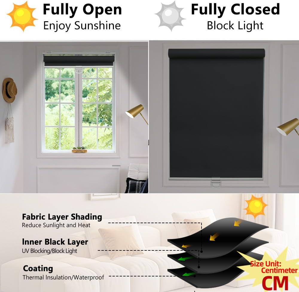Detalle de SHADEMOON SHADEMOON006-1 Cordless Blackout Roller Shade, Black, 66W x 183H cm