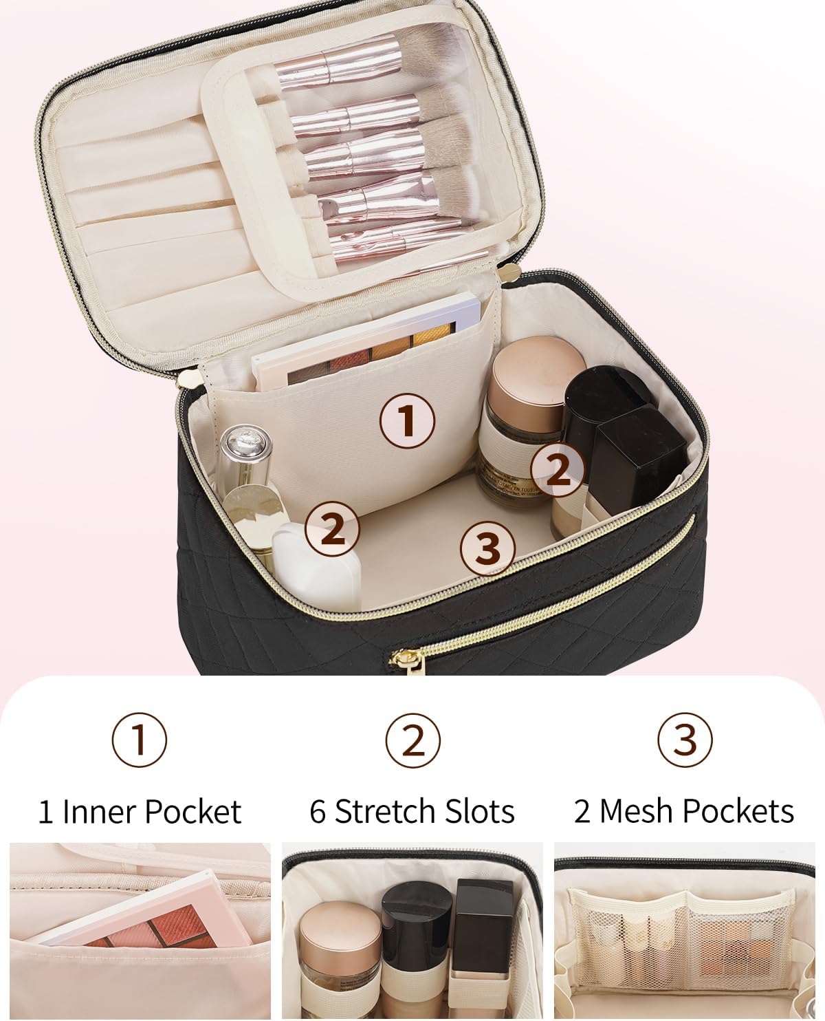 Detalle de Travel Quilted Makeup Bag with Brush Compartment (Patent Pending) – Large Black Cosmetic Case
