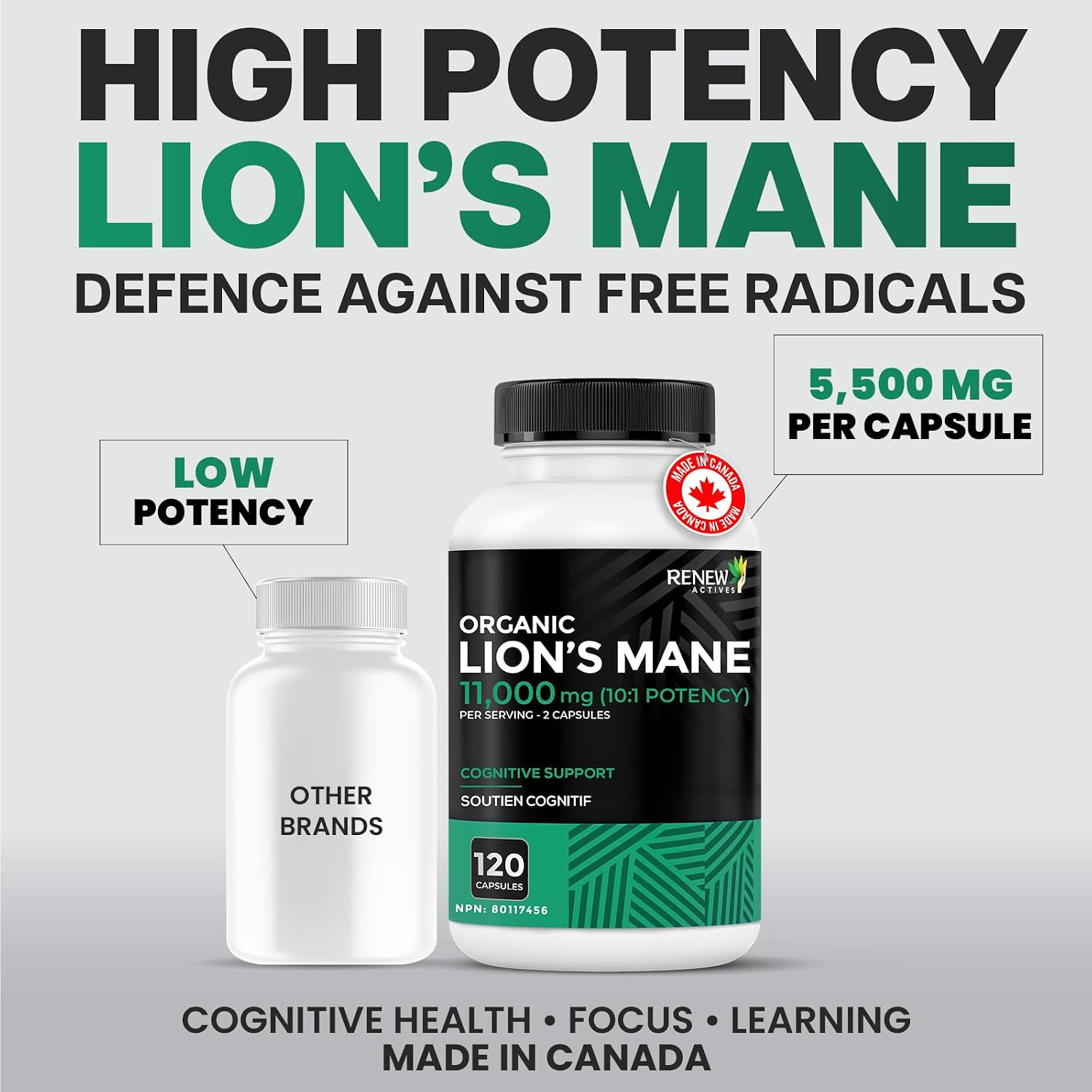 Detalle de Renew Actives Organic Lion’s Mane Mushroom Capsules, 5,500 mg 10:1, 40% Polysaccharides, 240 Count