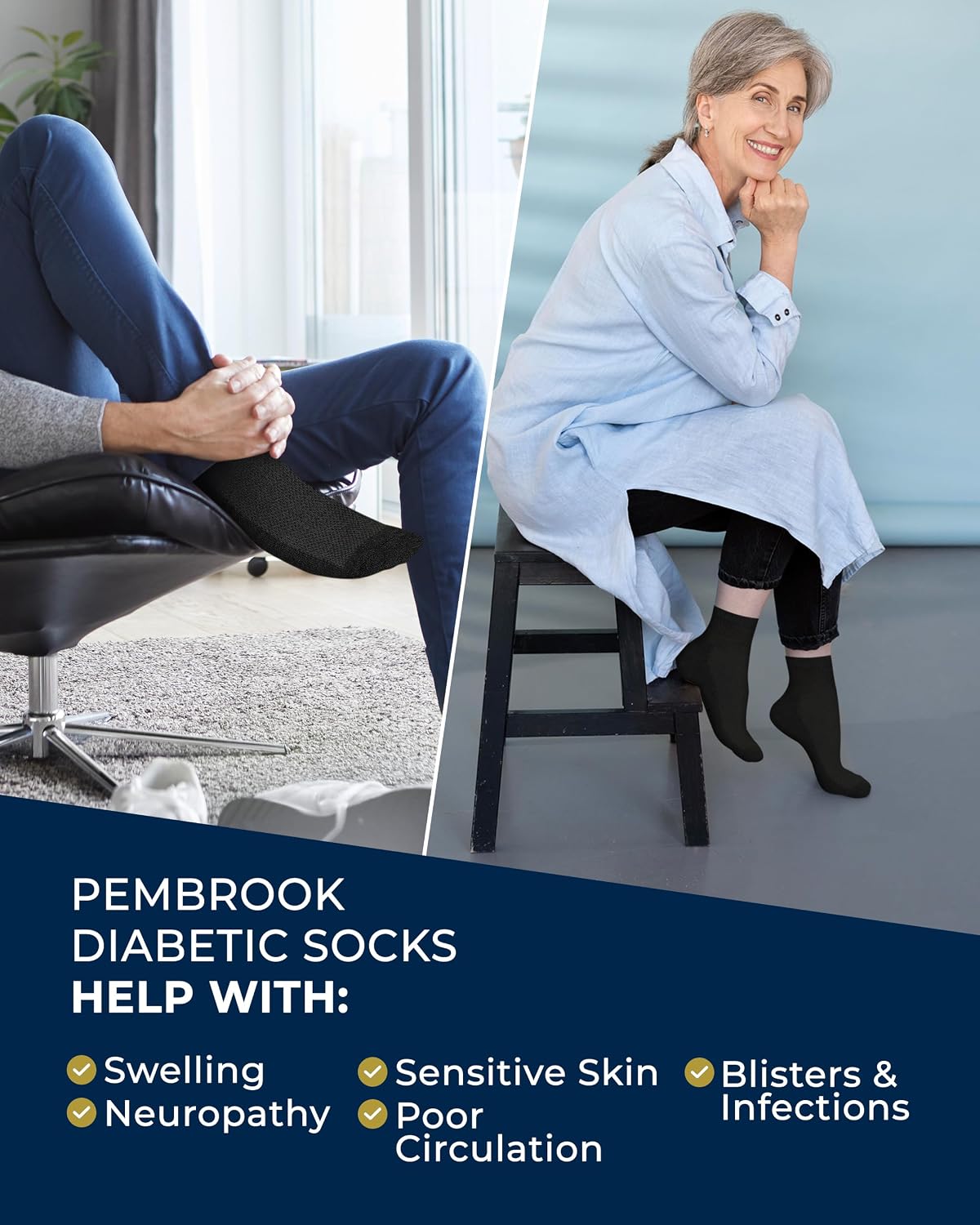 Detalle de Pembrook Ankle Diabetic Socks for Women & Men — 6 Pairs, Wide Non-Binding Quarter Length with Bamboo Comfort