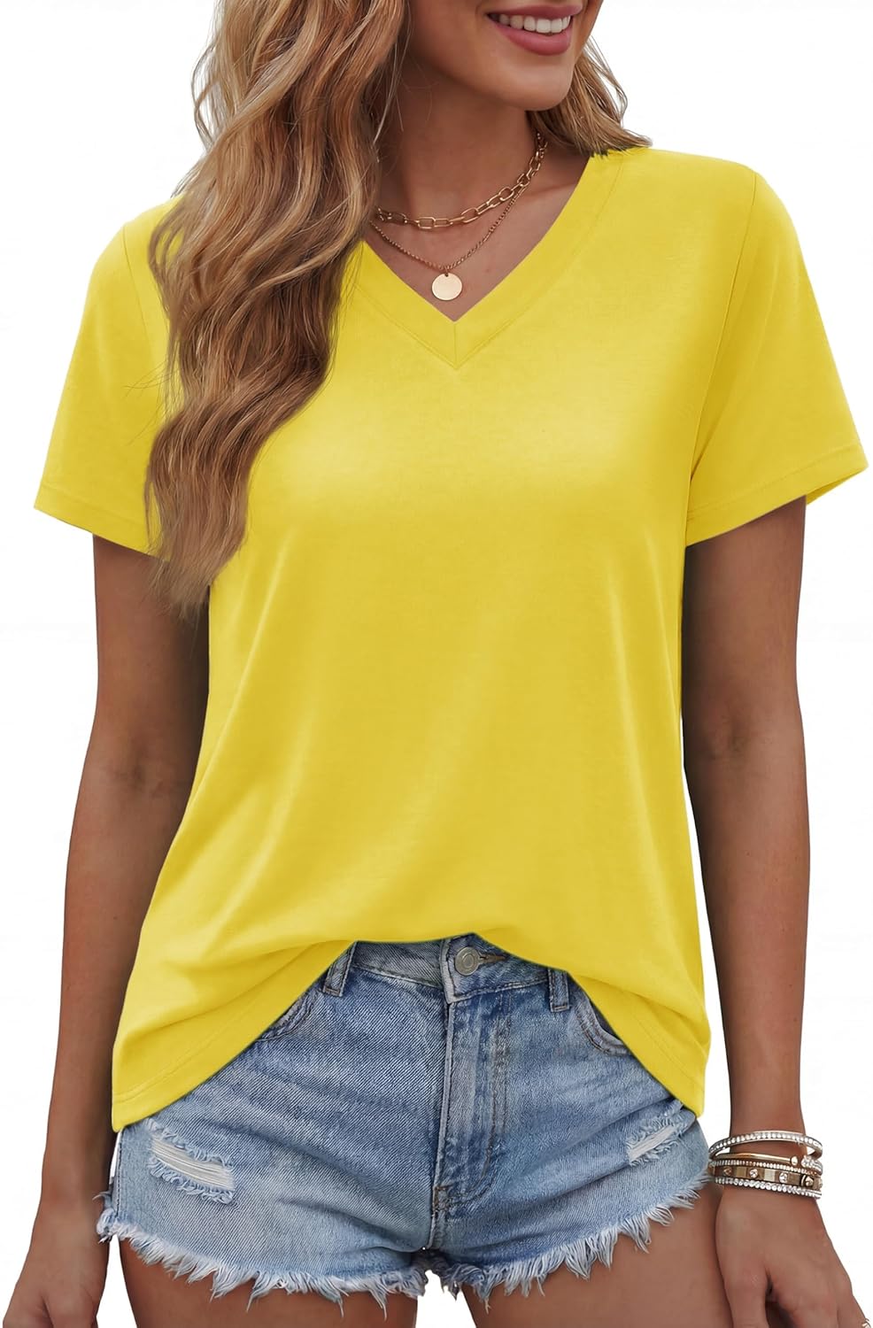 Thumbnail 6 de TACVASEN camisetas de algodón de manga corta para mujer con cuello pico (tira de color violeta claro, talla S)