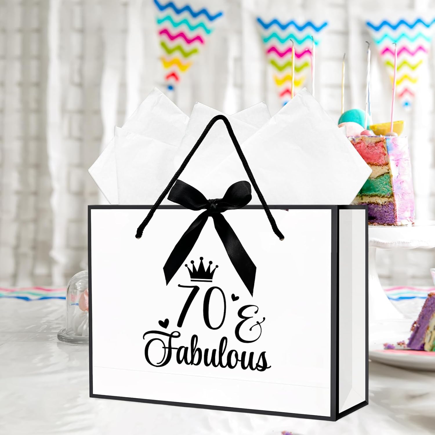Thumbnail 6 de 70th Birthday Gift Bag Set with Wrapping Paper and Card (White) – 70th Birthday Party Favour Presentation