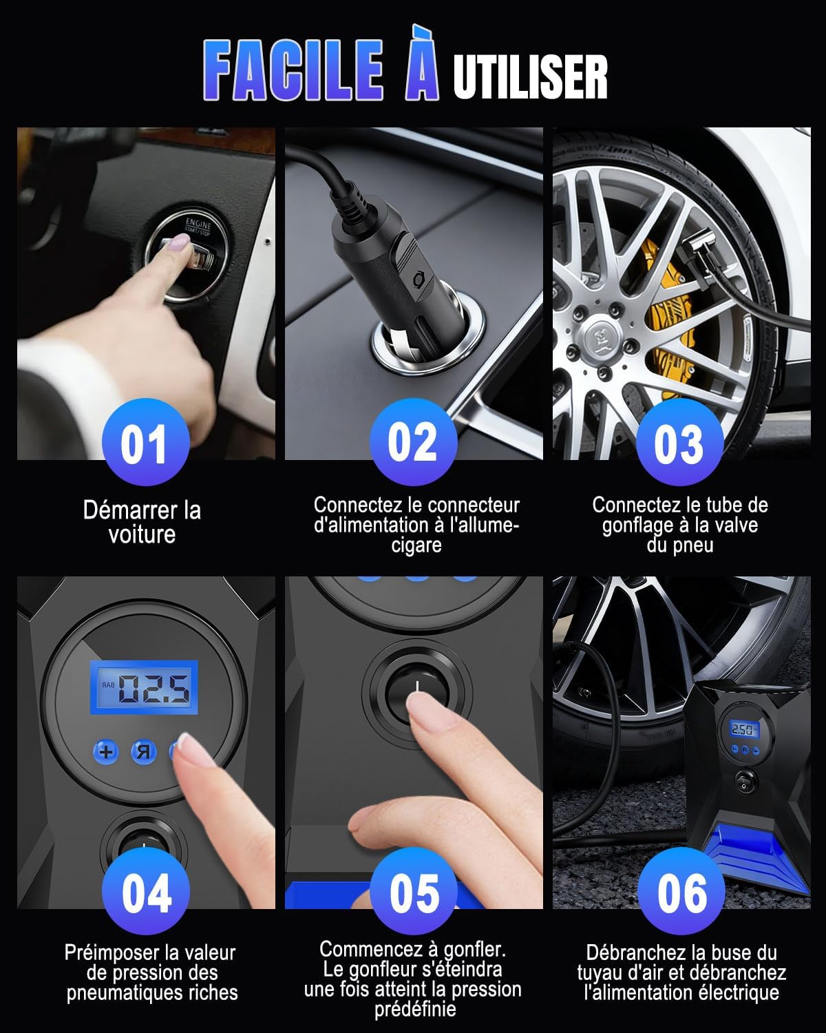 Detalle de Onalix Gonfleur Pneus Voiture Portable 12V – Gonflage rapide avec écran LCD et arrêt automatique (Bleu)