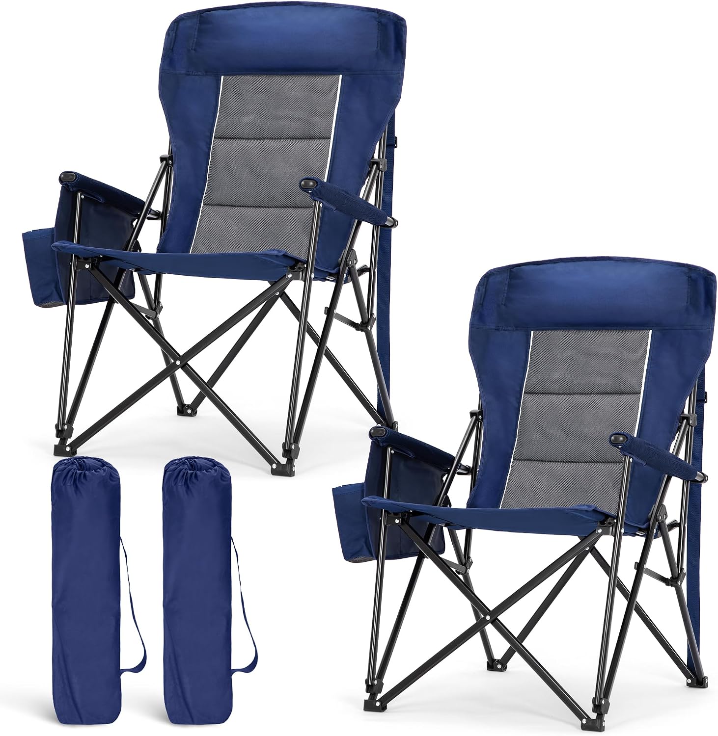 Detalle de LET'S CAMP Oversized Camping Chairs (2-Pack) 29.52" High Back, Heavy-Duty 500LBS Support with Cup Holder